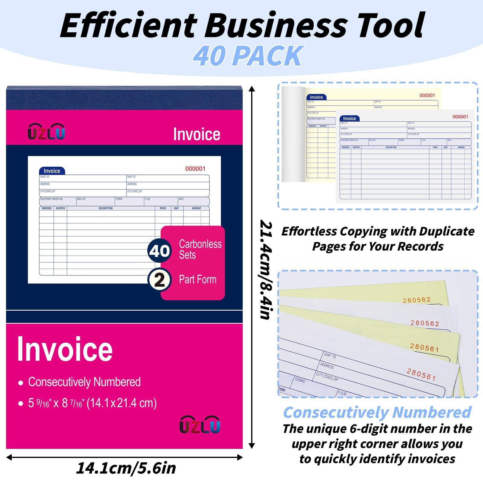 40-Pack Carbonless Invoice Book 2-Part 5-9/16″ x 8-7/16″ with Cover
