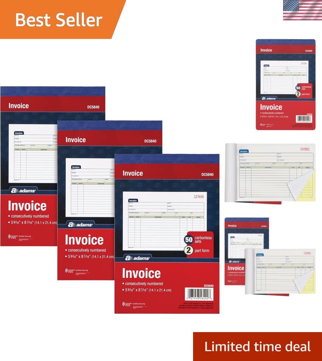 Invoice Book 3 Pack, 2 Part Carbonless Invoices, Horizontal Sales Slip, 5-9/1…