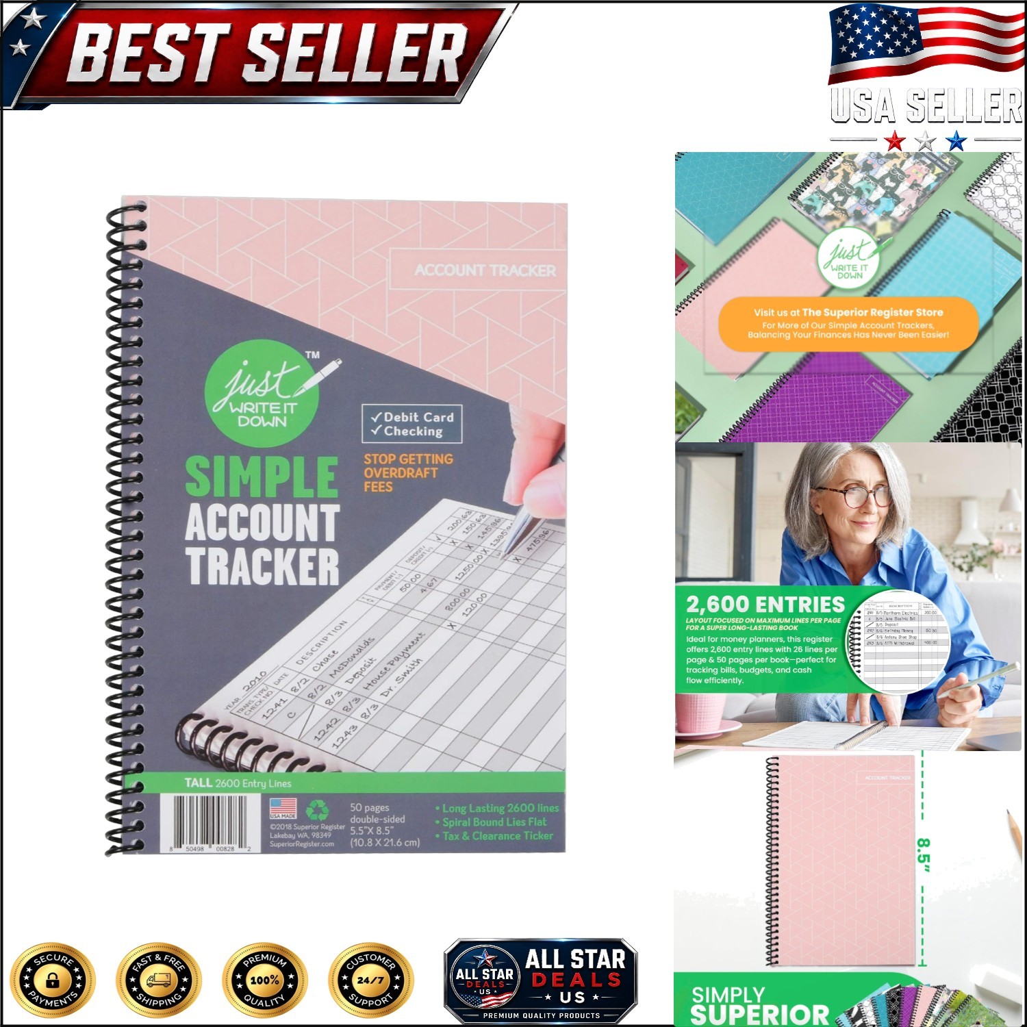 Deluxe Pink Expense Tracker & Check Register Notebook for Personal Finance