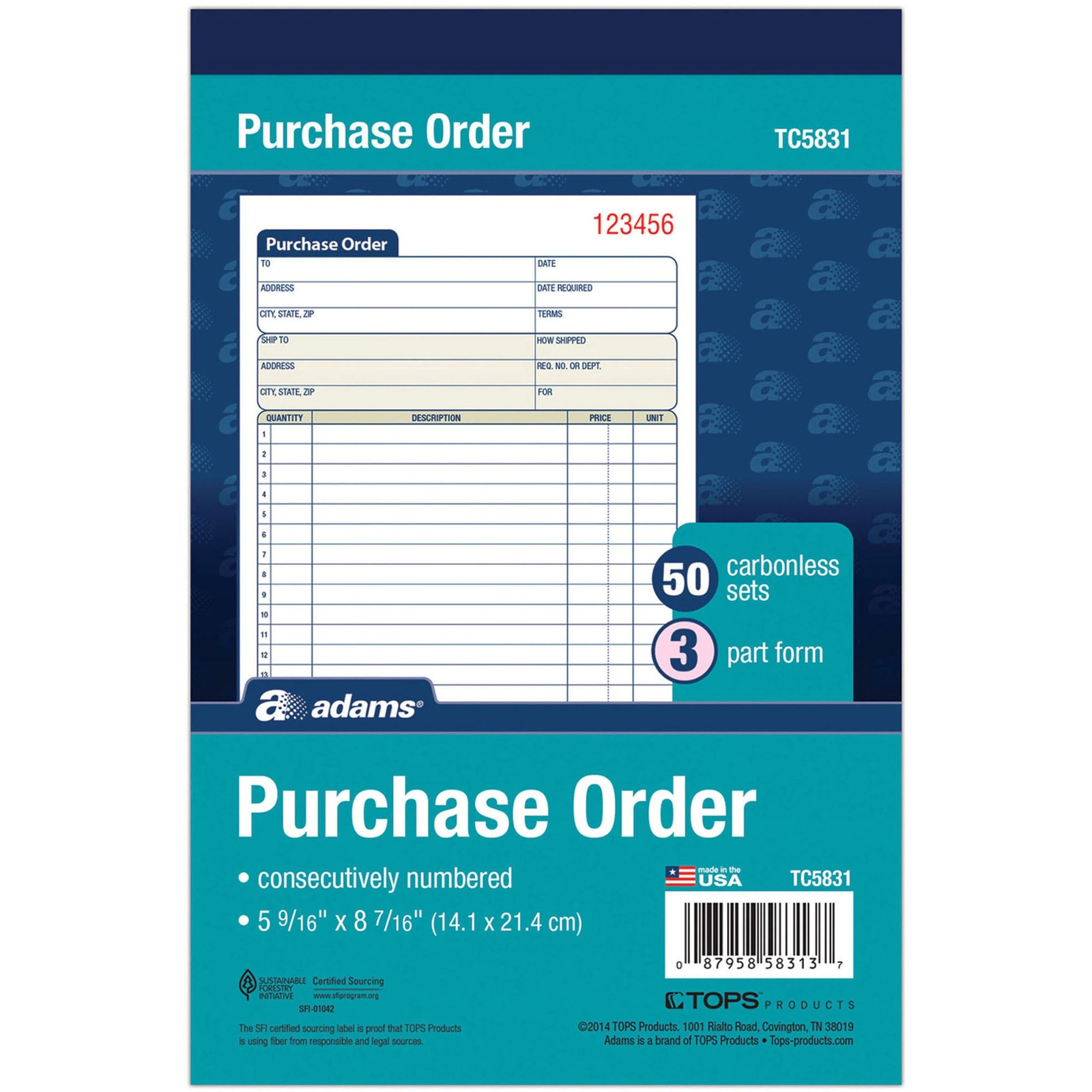 Adams 3-Part Carbonless 5 9/16″ x 8 7/16″ Purchase Order Book, 50 Set Pad