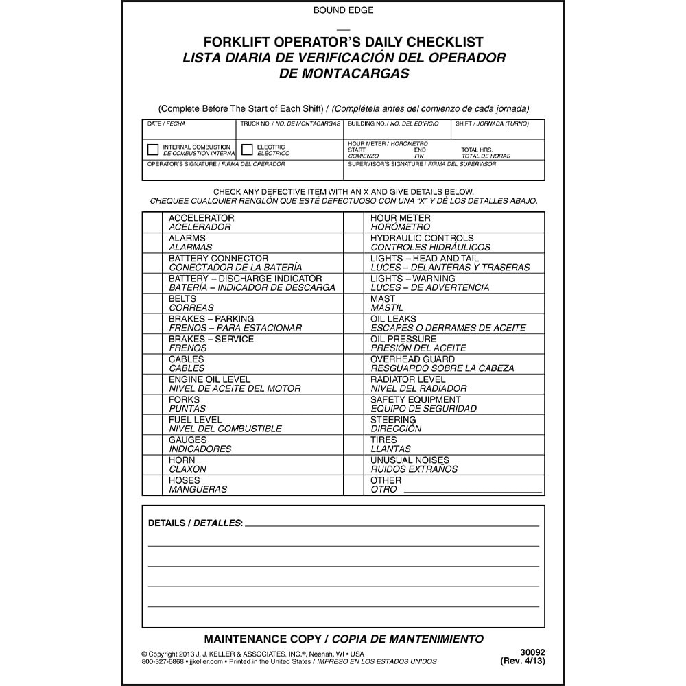 J. J. Keller Forklift Operator Daily Checklist Book 10-pk., Bilingual, 2-Ply,