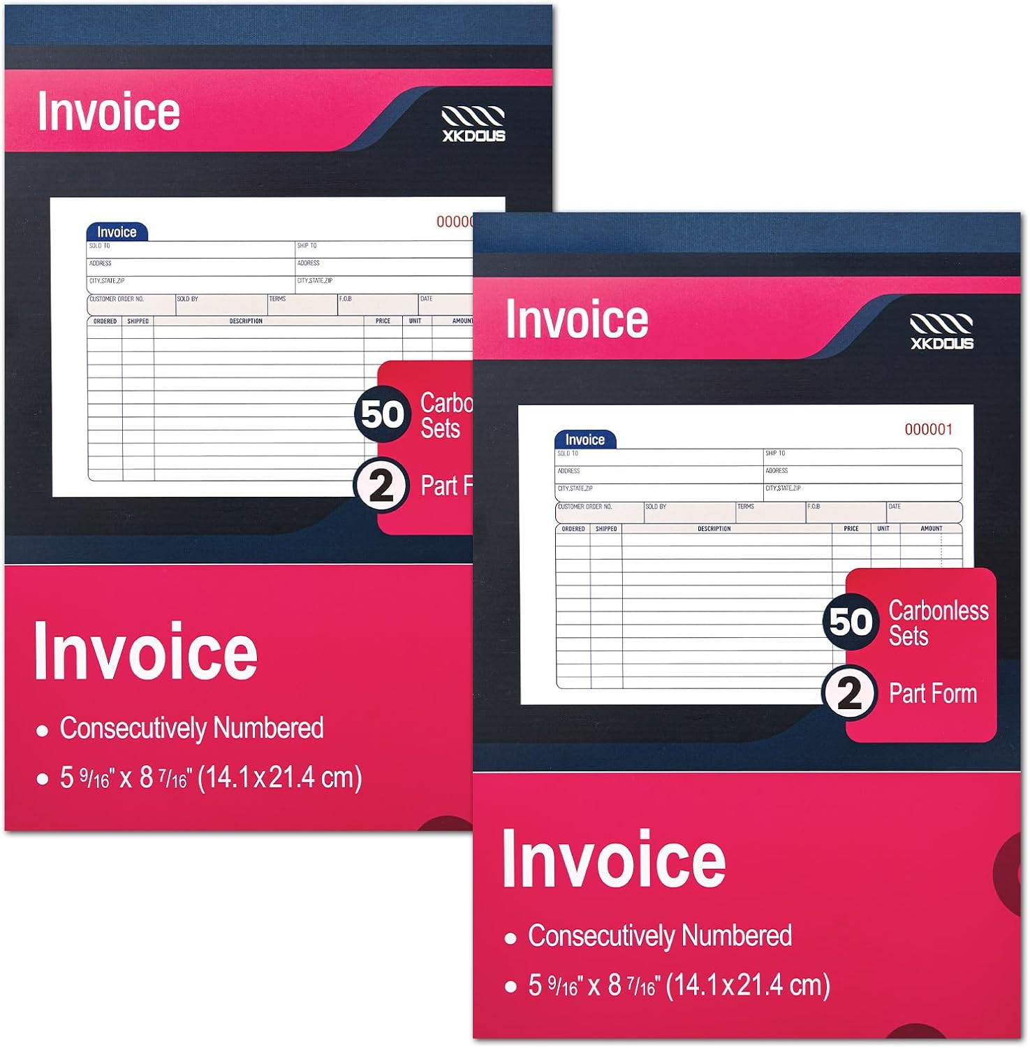 XKDOUS 2 Pack Invoice Book, 2-Part Carbonless, 5-9/16″ X 8-7/16″ Invoice Receipt