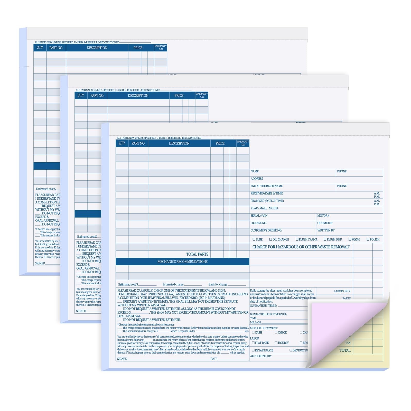 150 Sets Auto Repair Invoice Book 3-Part Carbonless Forms 8.5×7.44 Inch for Mech