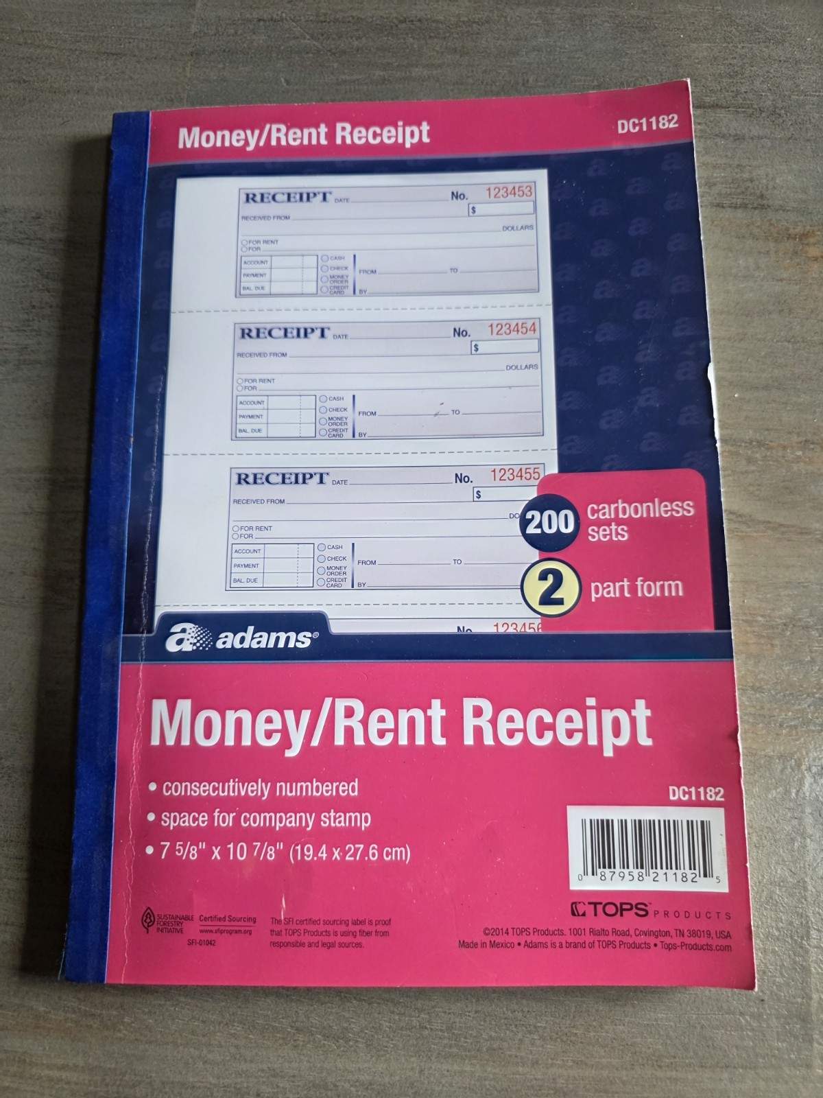 Adams Money Rent Receipt Pad 2-Part Carbonless 200 Sets DC1182 7 5/8 x 10 7/8 in