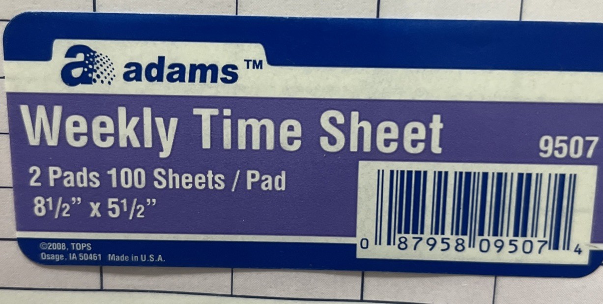 Adams Weekly Time Sheets One Part (No Copies) 8.5×5.5” Pack Of 2 Pads 100/Pad