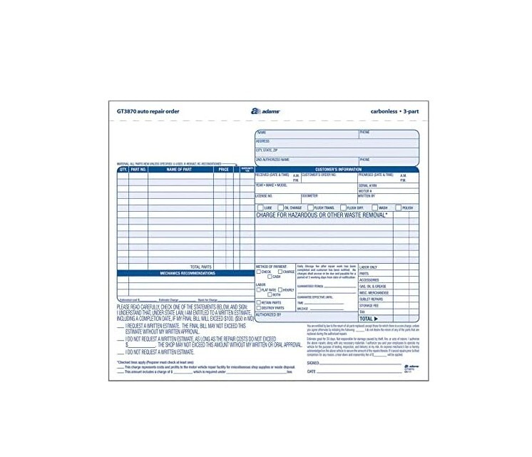 Auto Repair Order Forms, 8.5 x 7.44 Inches, 50-Pack, White and Canary