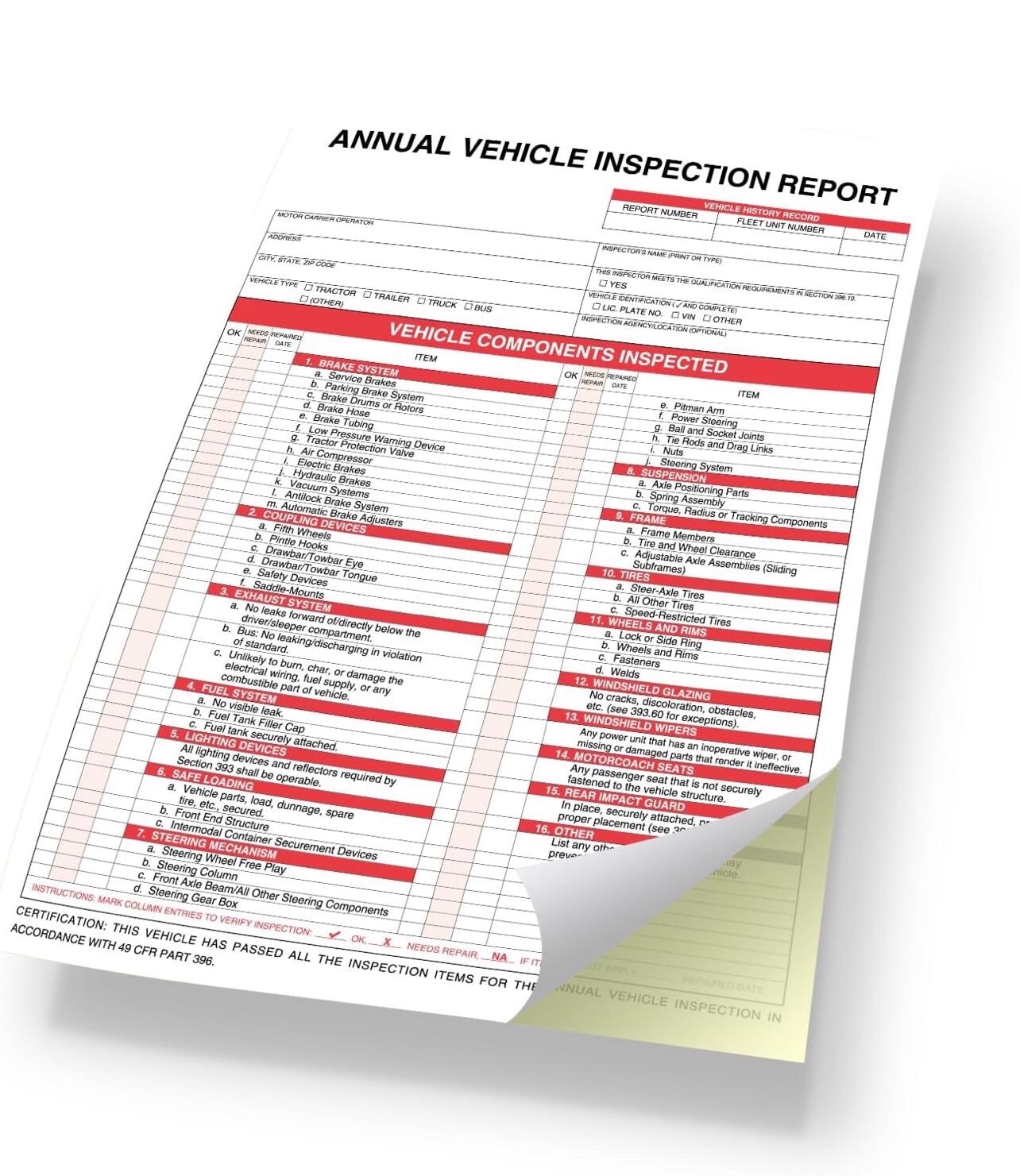 Annual Vehicle Inspection Report Form 25-pk 3-Ply Carbonless, 8.5″ x 11.75″ +…