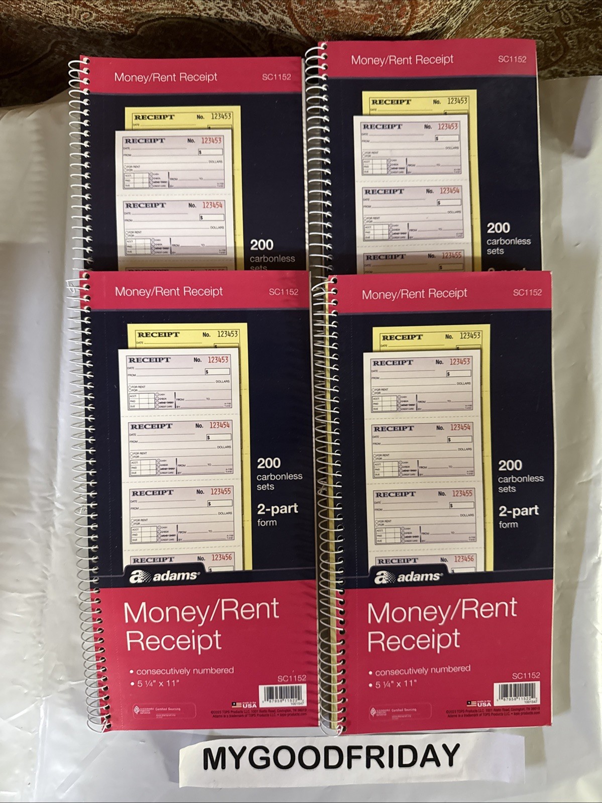 Adams SC1152 4.75 x 2.75 Two-Part Carbonless Money/Rent Receipt Book 4 Pack 200