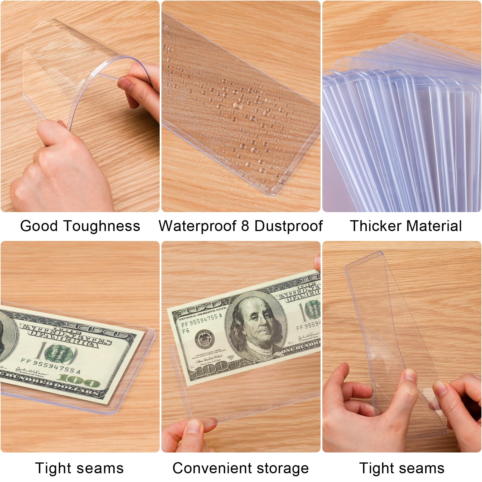30 Pack Dollar Bill Sleeves – 6.8″ x 2.9″ Clear Currency Sleeves, Hard Blue