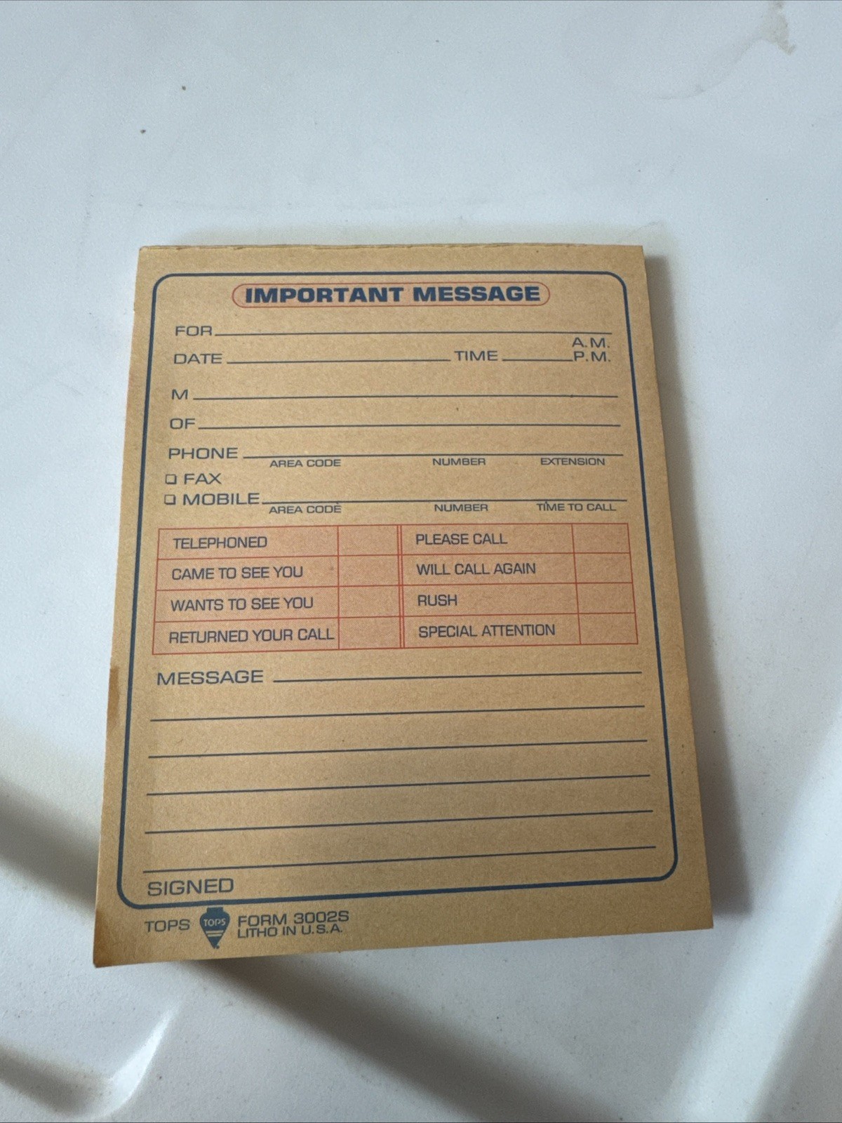 TOPS Important Message Pad Form 3002S While You Were Out 4.25 x 5.5