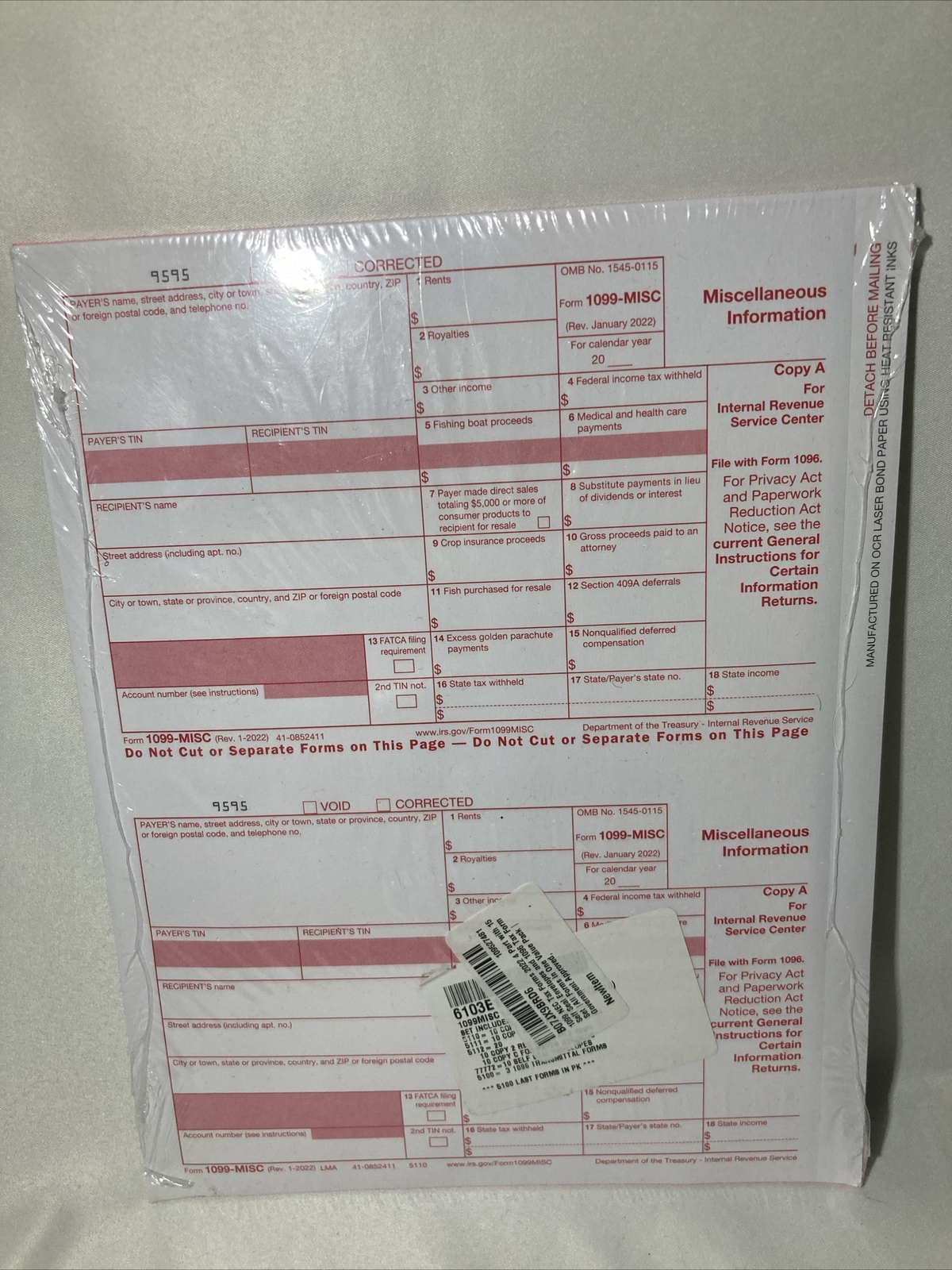 2022 IRS Tax Form 1099-MISC Laser 4 recipients+(1)1096, 4pt 10 Env (Sealed pkg)