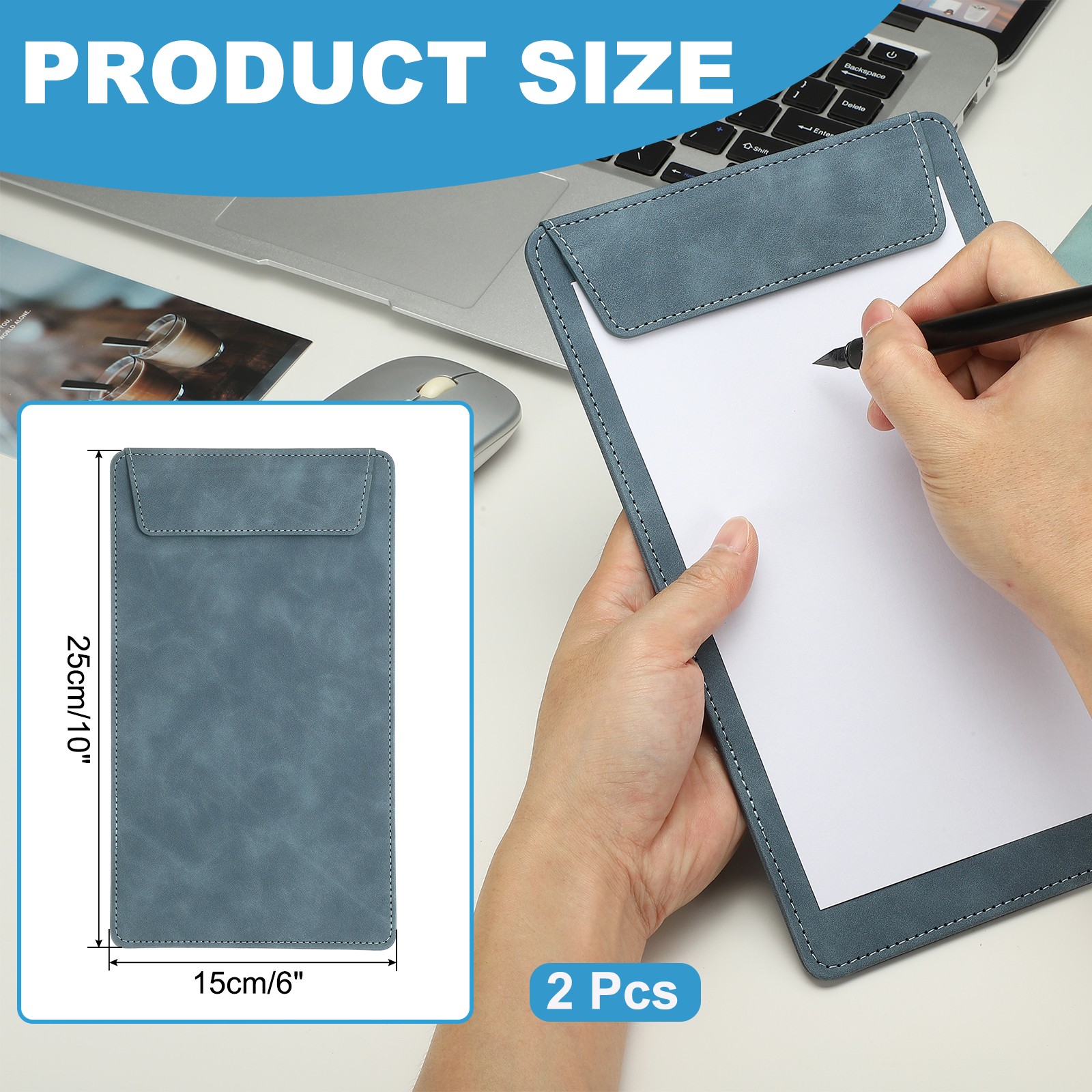 2 Pack Mini Clipboard 10″ x 6″ Leather Small Clipboard with Pen Holder (Blue)