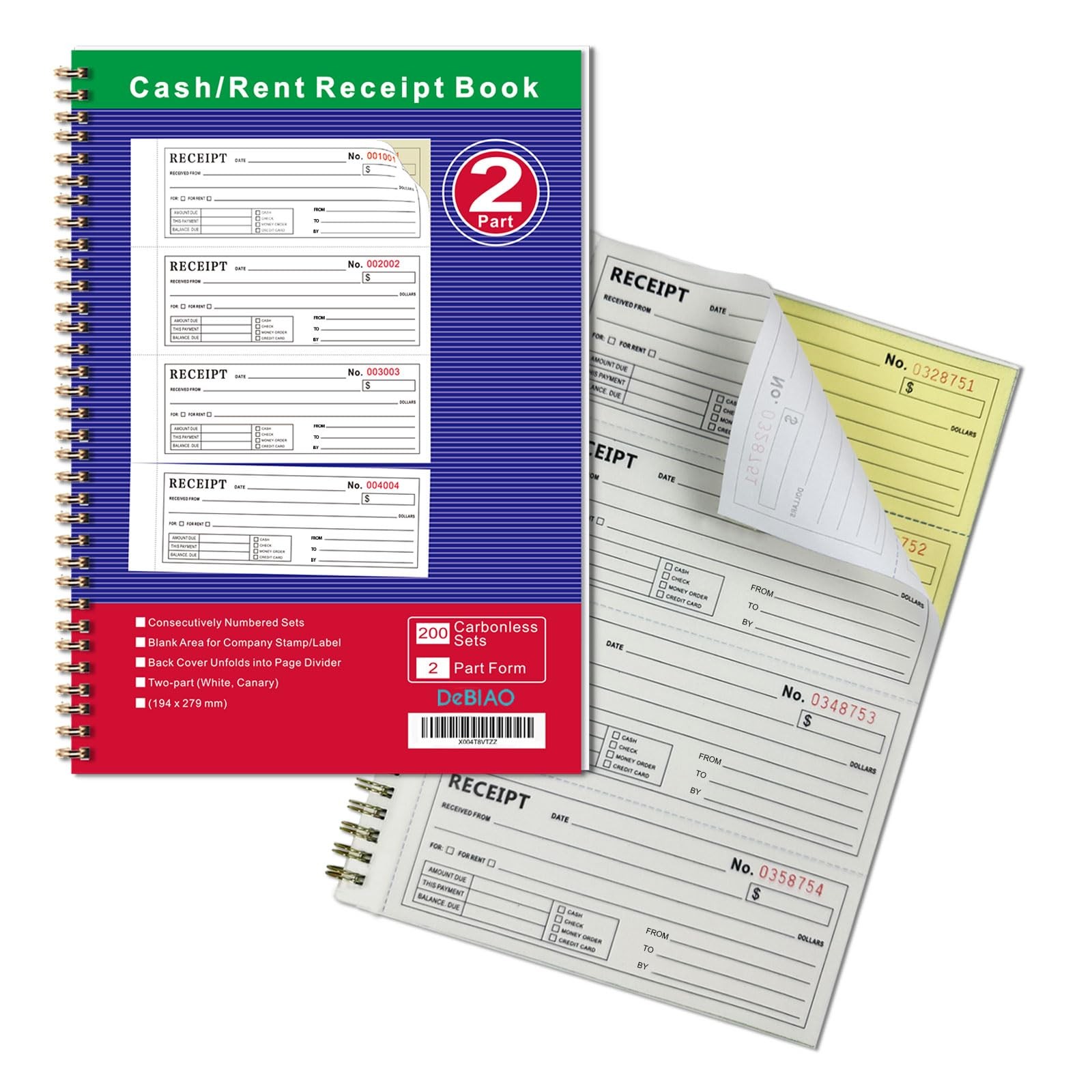 Money and Rent Receipt Book 2-Part Carbonless 7-5/8″ x 11″ Spiral Bound 200…