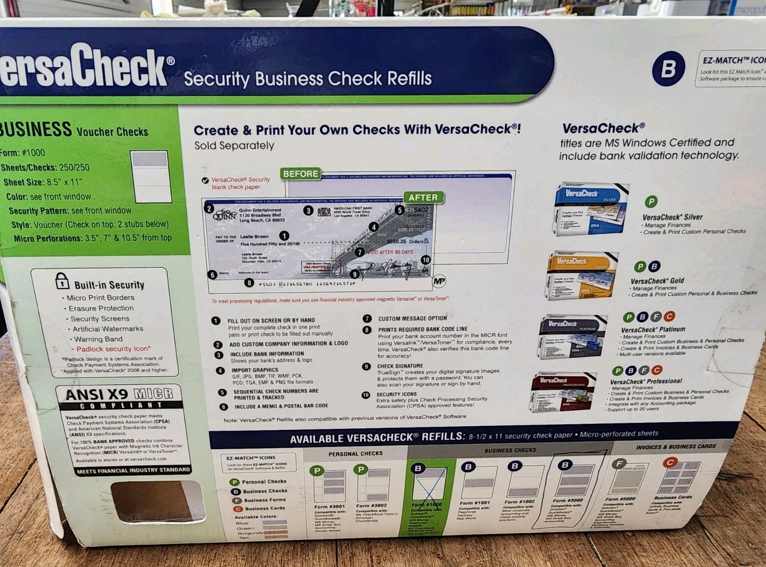 VersaCheck Security Business Checks, 3 Per Sheet, 750 Checks, NEW, SHIPS FREE