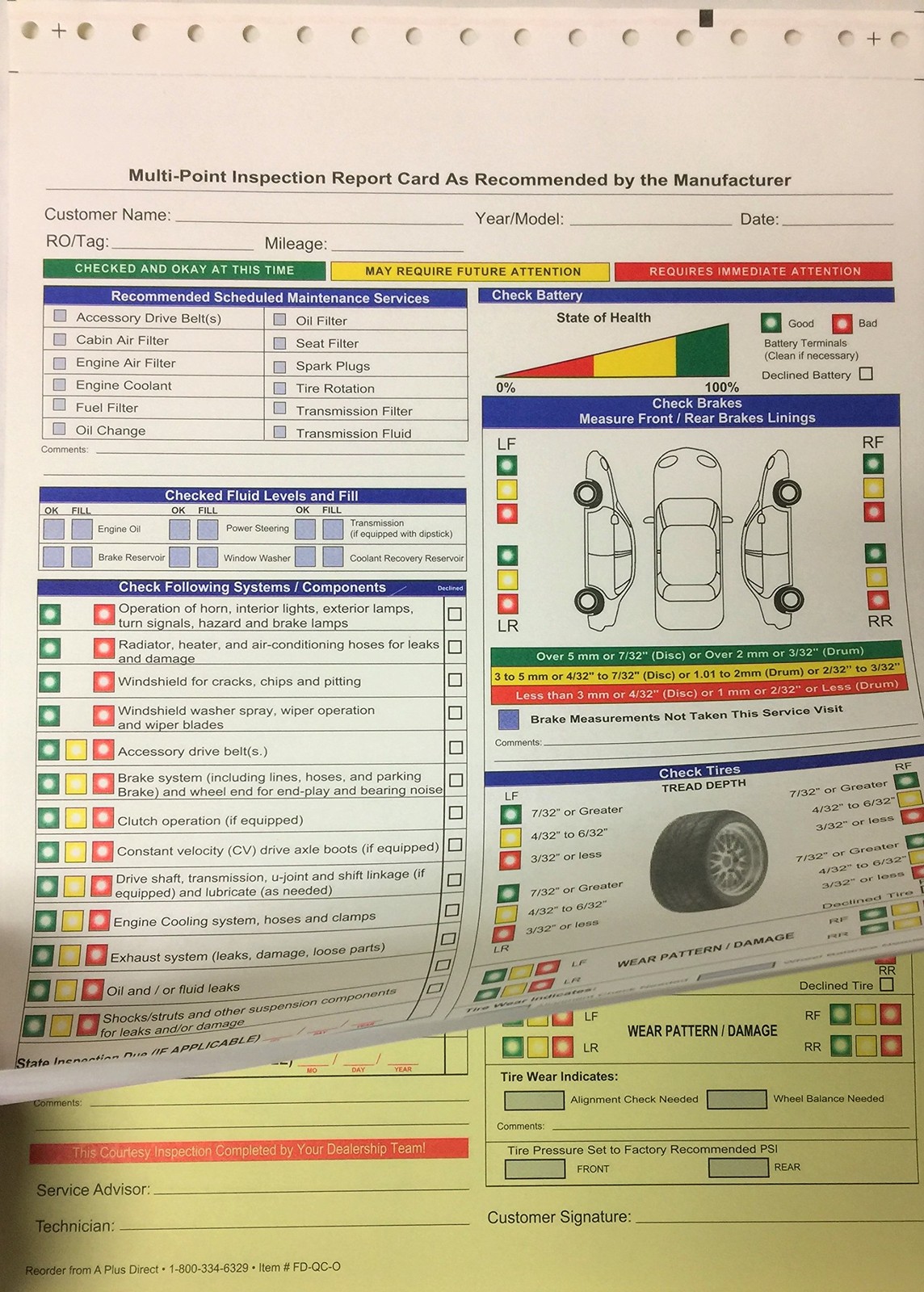 Multi Point Inspection Forms 812×11 Carbonless 250 Count for Auto Repair Shops