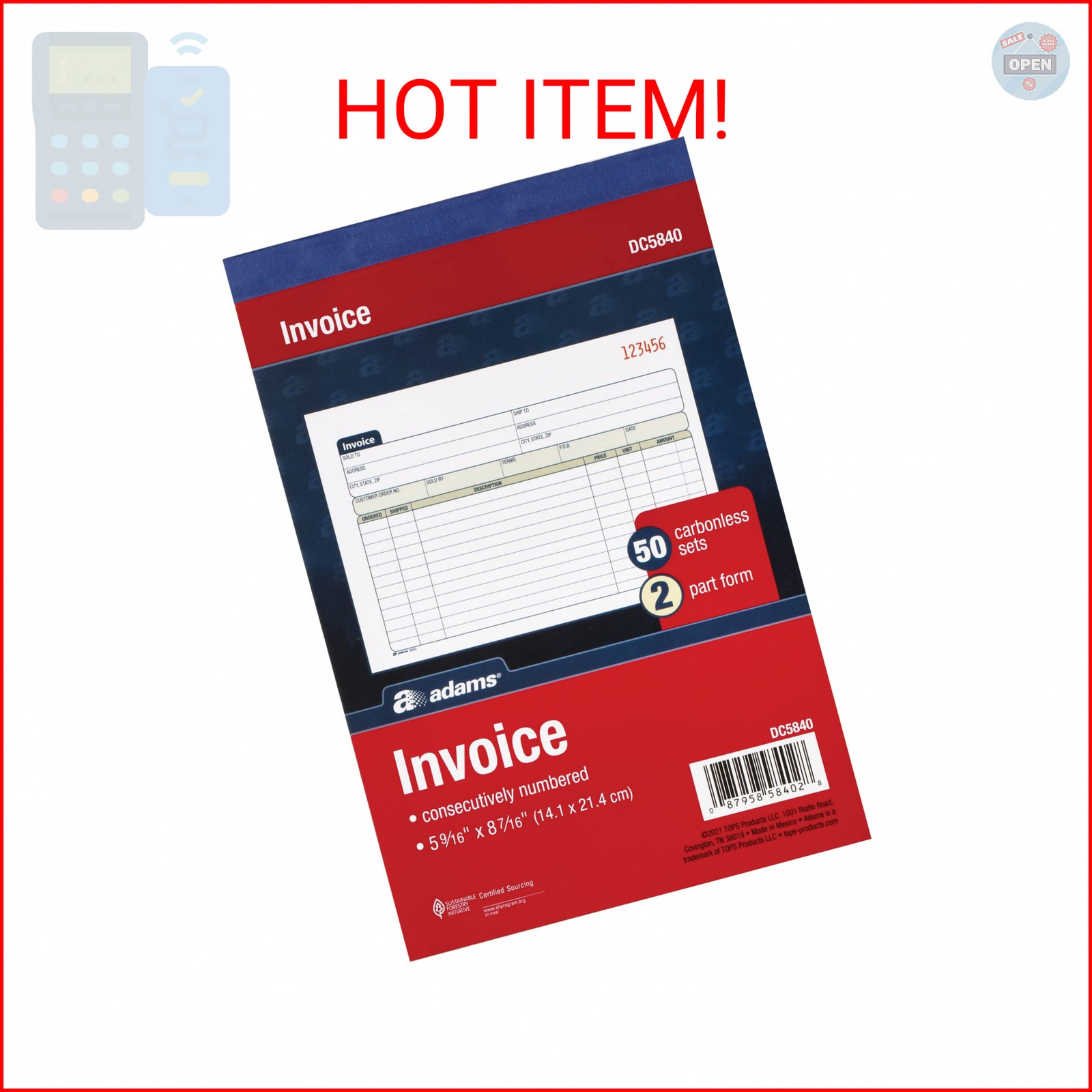 Adams Invoice Book 3 Pack, 2 Part Carbonless Invoices, Horizontal Sales Slip, 5-