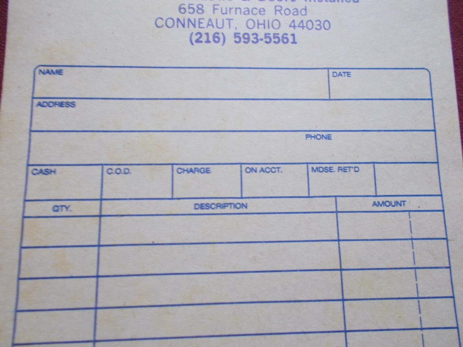 VGT NOS 1987-89 ADVERT. CARBON SALES BOOK RECEIPT BOOKLET NEBS J&J GLASS REPAIR