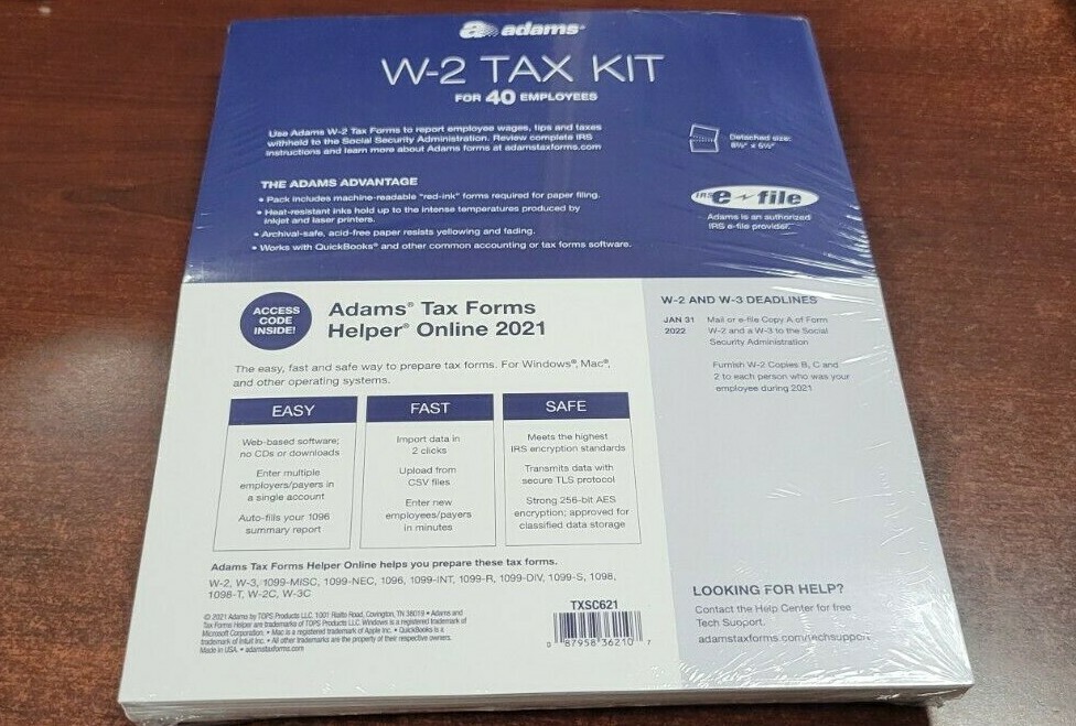 2021 40 EMPLOYEE ADAMS W-2 W2 KIT 6-PART IRS TAX FORMS LASER INKJET + ENVELOPES