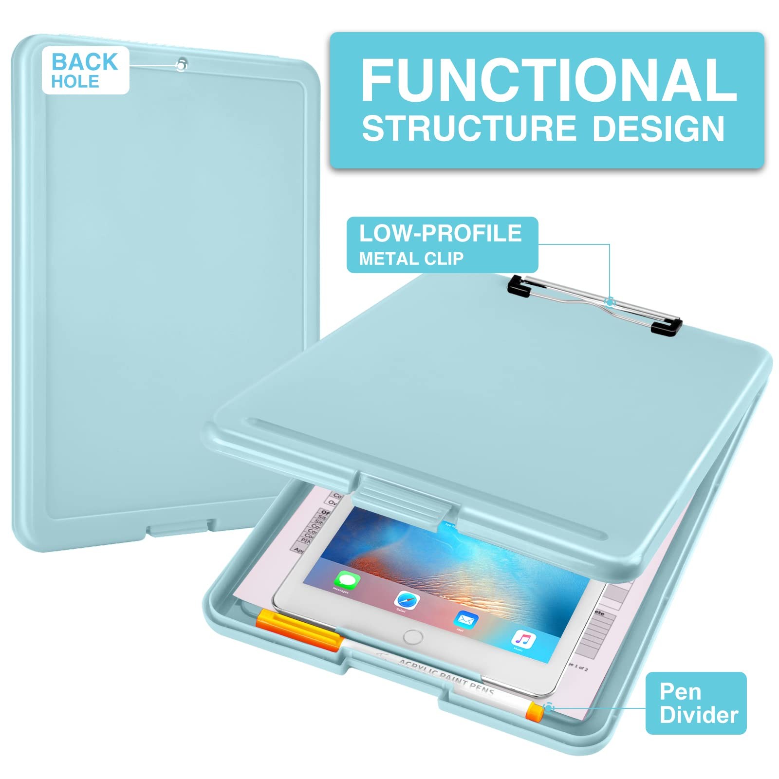 Sooez Clipboard with Storage, Plastic Nursing Clip Board, 8.5″ x A-haze Blue