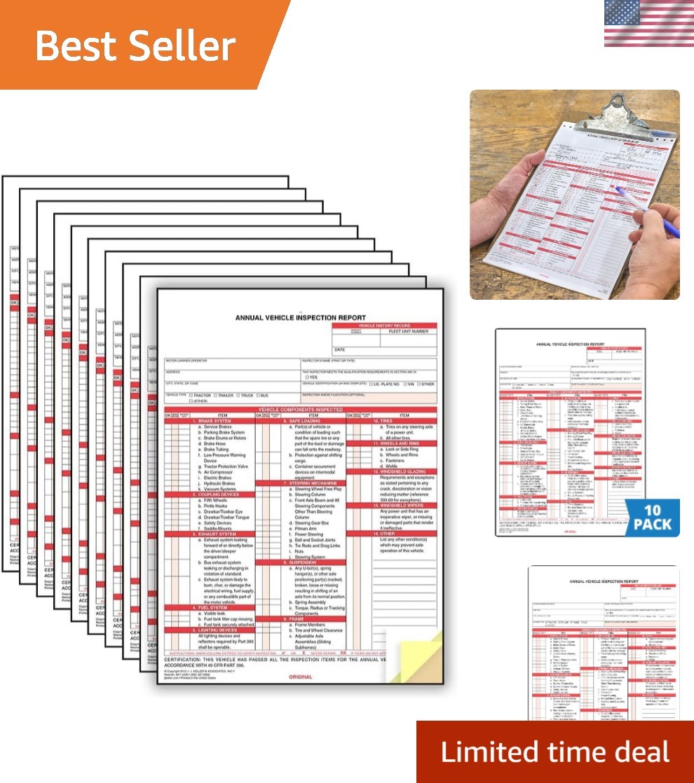 10-Pack DOT Compliant Annual Vehicle Inspection Report Forms – Carbonless 3-Ply