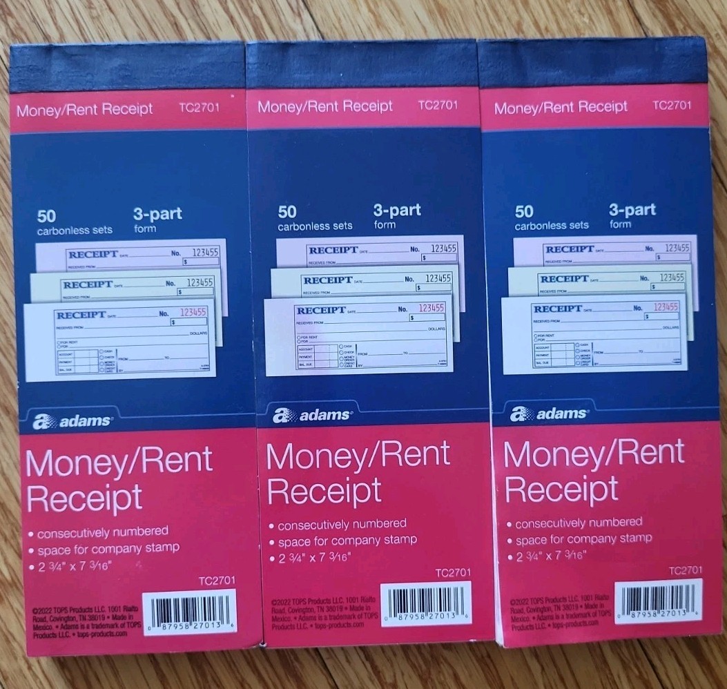Lot of 3 Adams Money/Rent Receipt Books 3 Part Carbonless Numbered TC2701