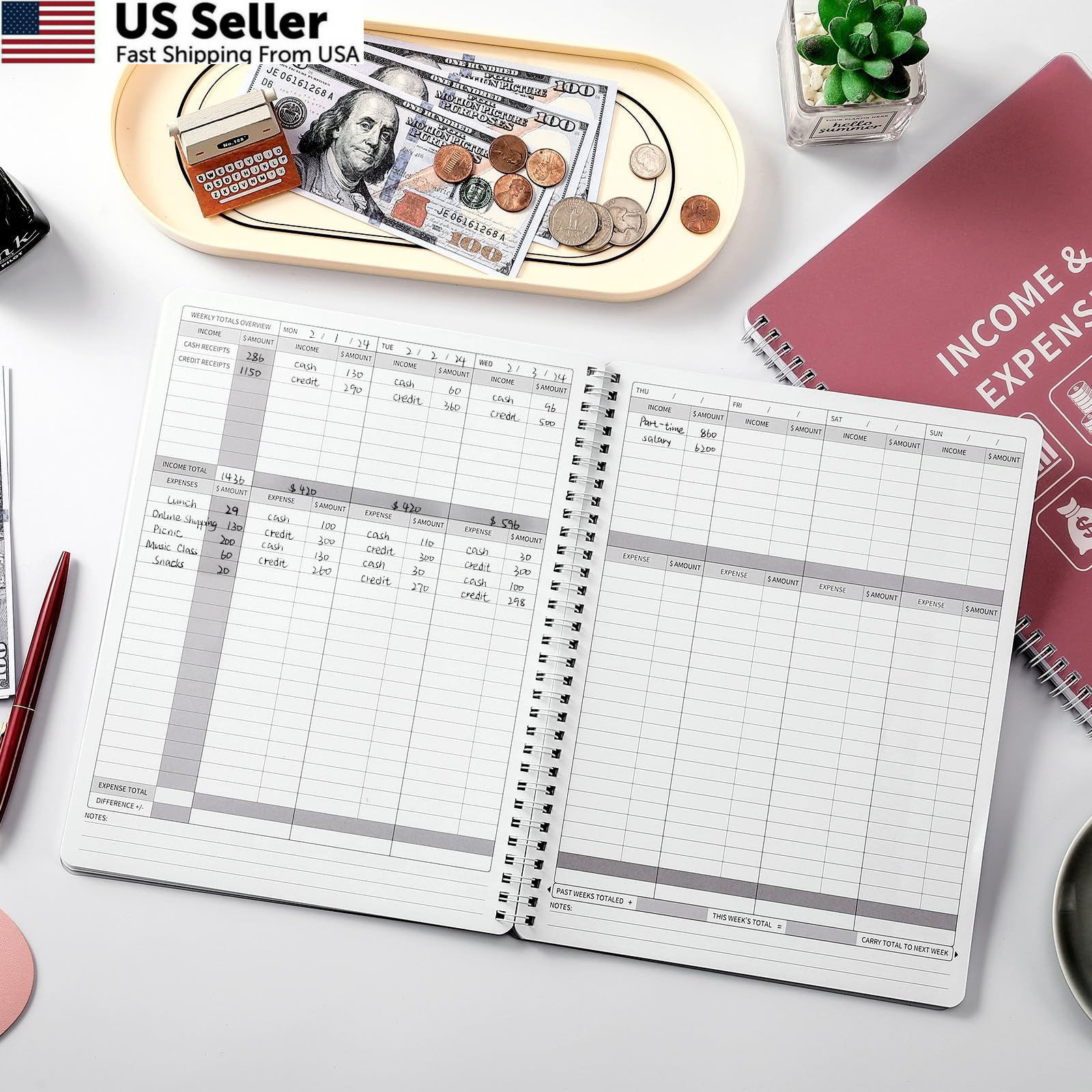 Income Expense Log Book Business Ledger Accounting Tracker 8.5×10.5 Red USA