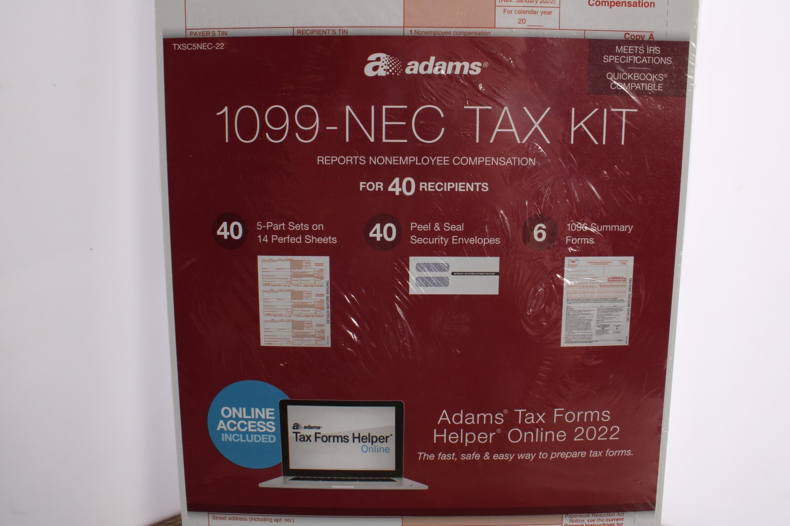 Adams 1099-NEC 2022 Tax Forms Kit + Tax Forms Helper Online, 40 Pack Sealed