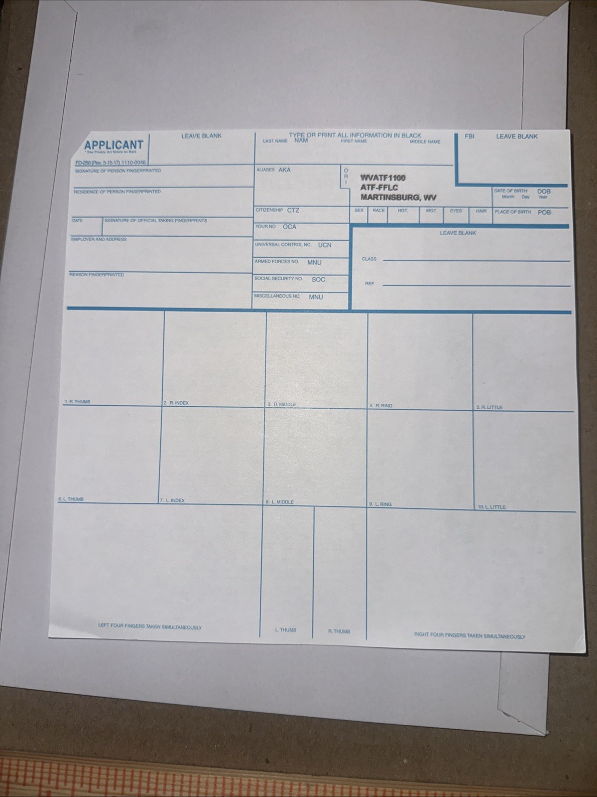 FD-258 (Rev. 5-15-17) FBI Fingerprint Card With Printed ORI: WVATF 1100 ATF-FFLC