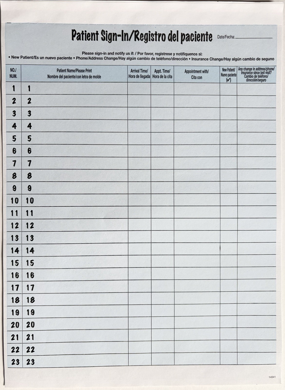 Tabbies Bilingual Patient Sign-In Forms Blue 125 Pack 8.5”x 11.625”