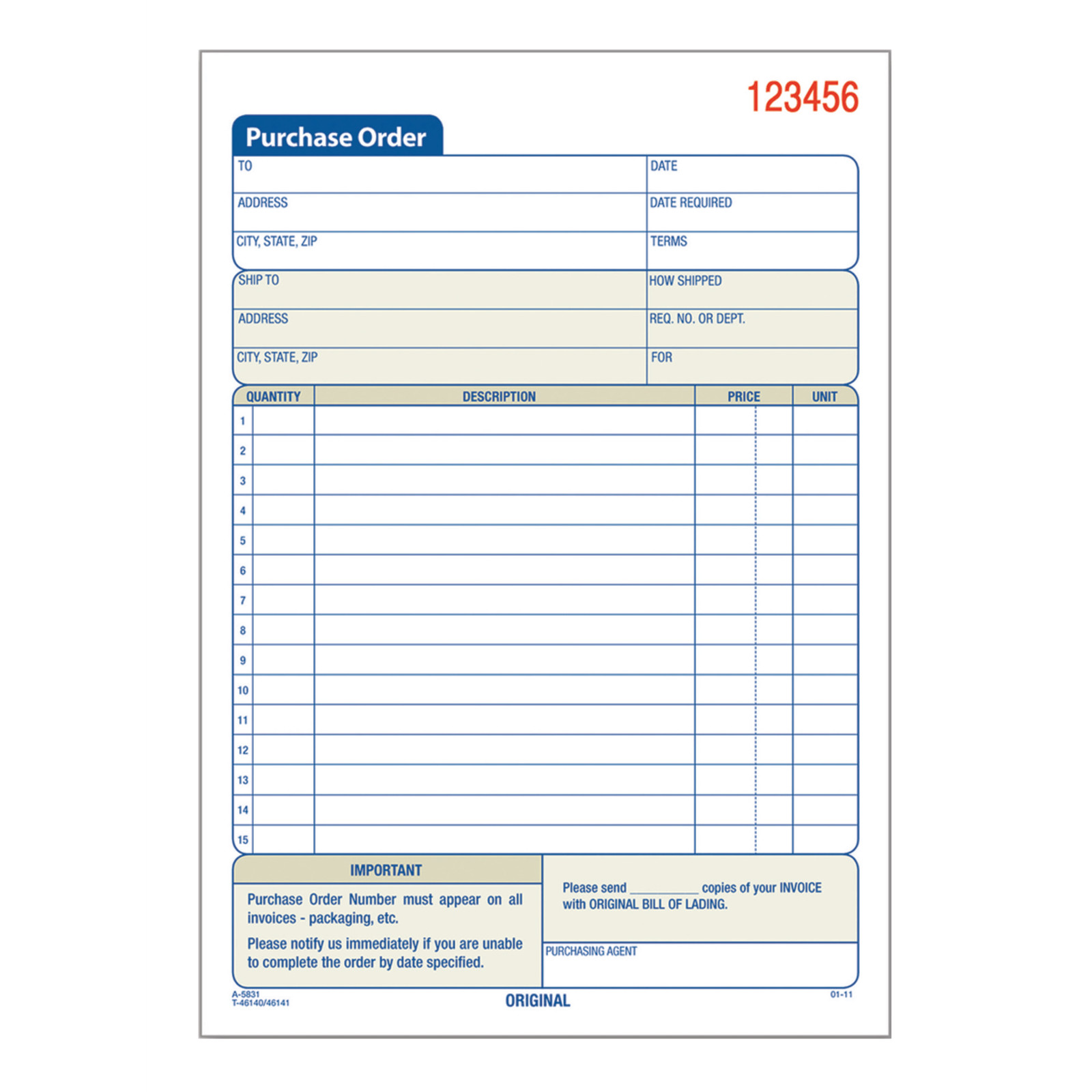 Adams 3-Part Carbonless 5 9/16″ x 8 7/16″ Purchase Order Book, 50 Set Pad