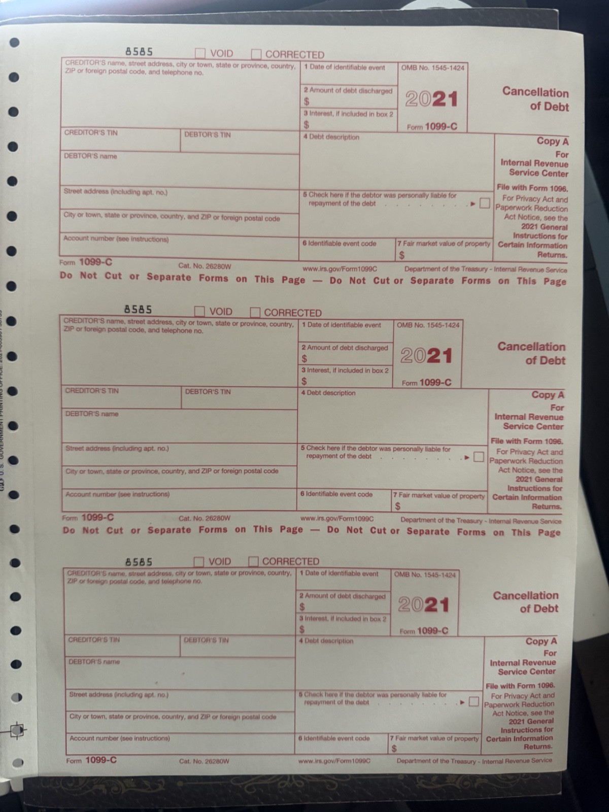 2021 IRS Tax Form 1099-A single sheet set for 3 borrowers, carbonless 3-part 3up