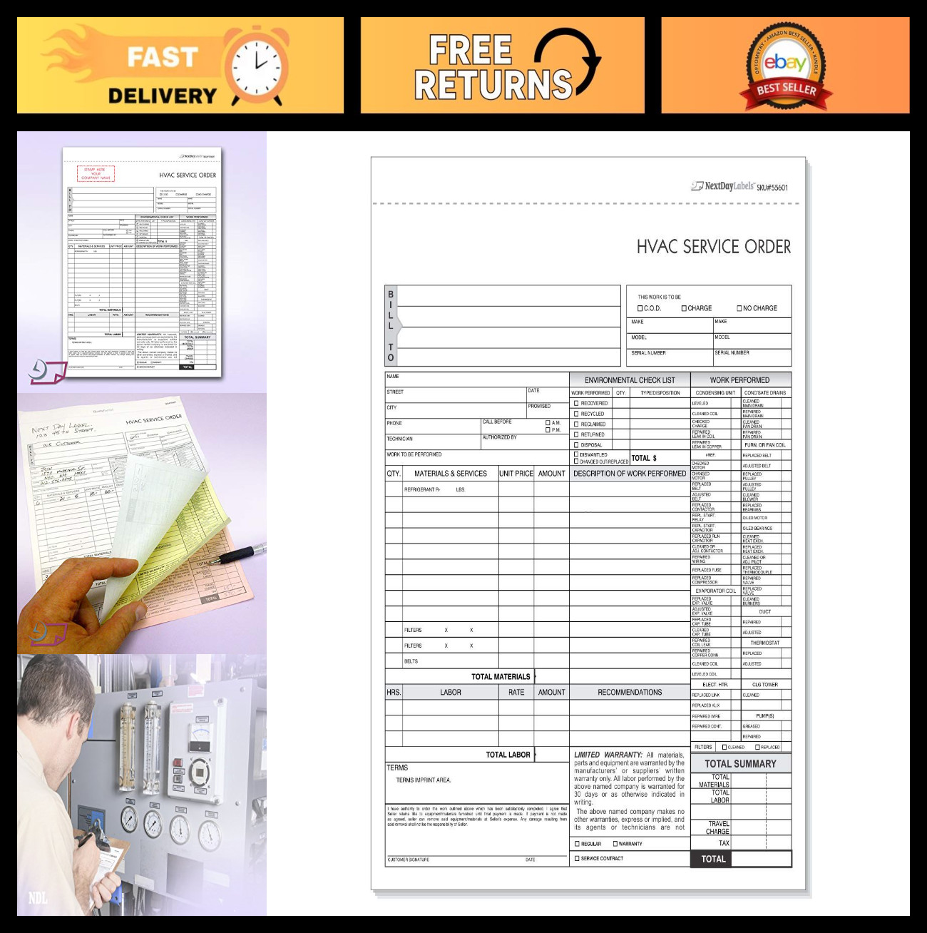 HVAC Service Order Invoice & Repair Detail Form – 3 Part Carbonless, 100 Sets