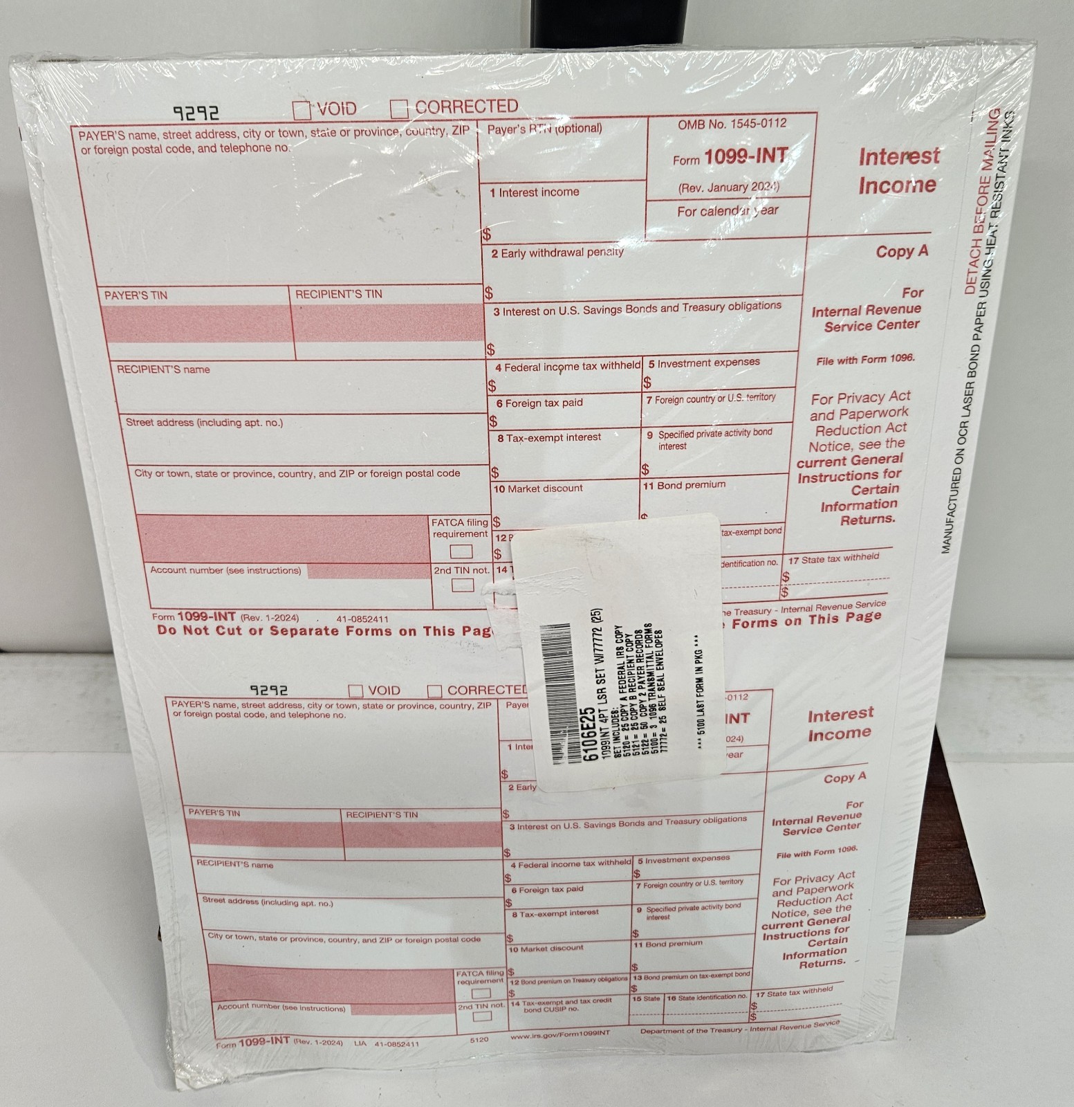 2024 1099INT 4PT LSR Set w/Sealed Envelopes – 2 Payer Records – 25 Sheet Set