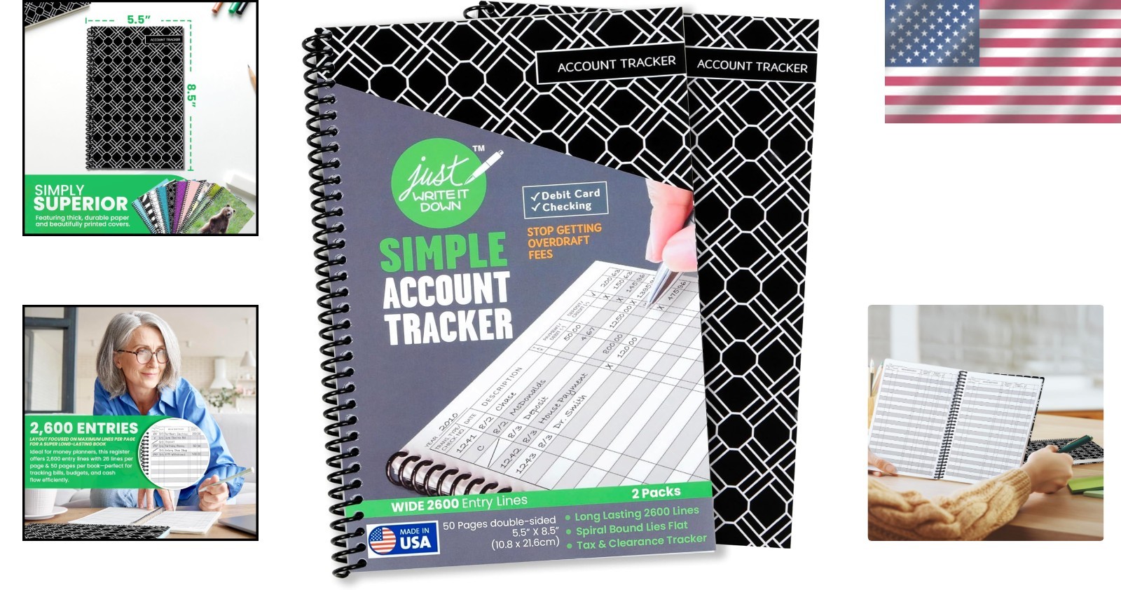 2-Pack Check Book Register & Debit Card Ledger – Black, Standard Edition