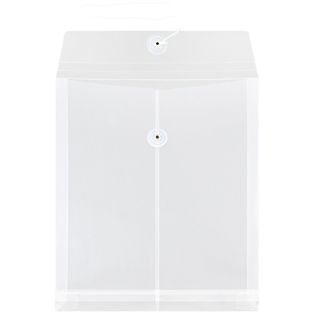 JAM PAPER Plastic Envelopes with Button 9 3/4 x 11 inches, Clear 12/Pack