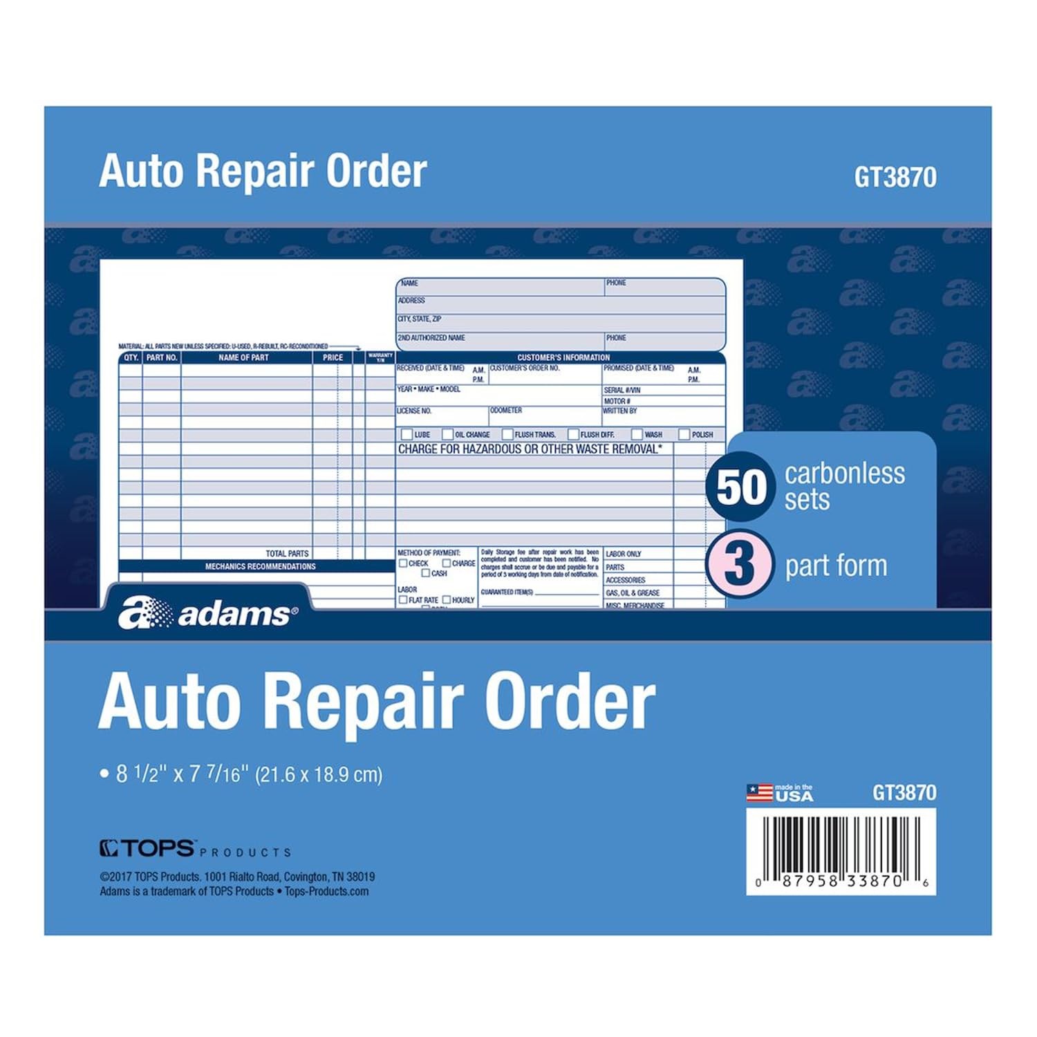 Adams Repair Order Book, Carbonless, 2-Part, White/White, 5-9/16 x 8-7/16 Inches