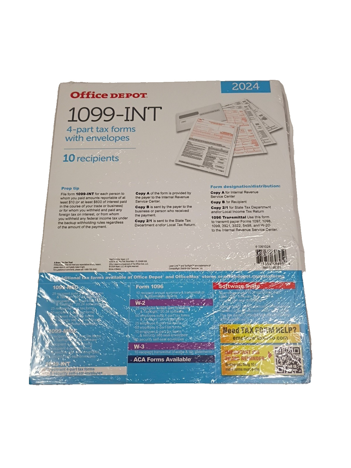 Office Depot 1099-INT 4-Part Tax Forms with Envelopes 10 Employees 8798494