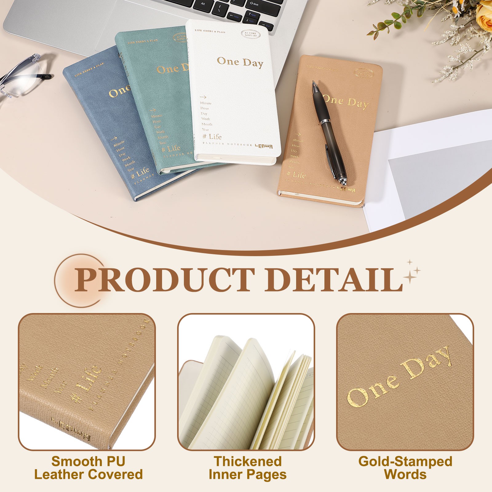 2Pcs Daily Planner Notebook, 7 x 3.8″ to Do Notebook, Brown