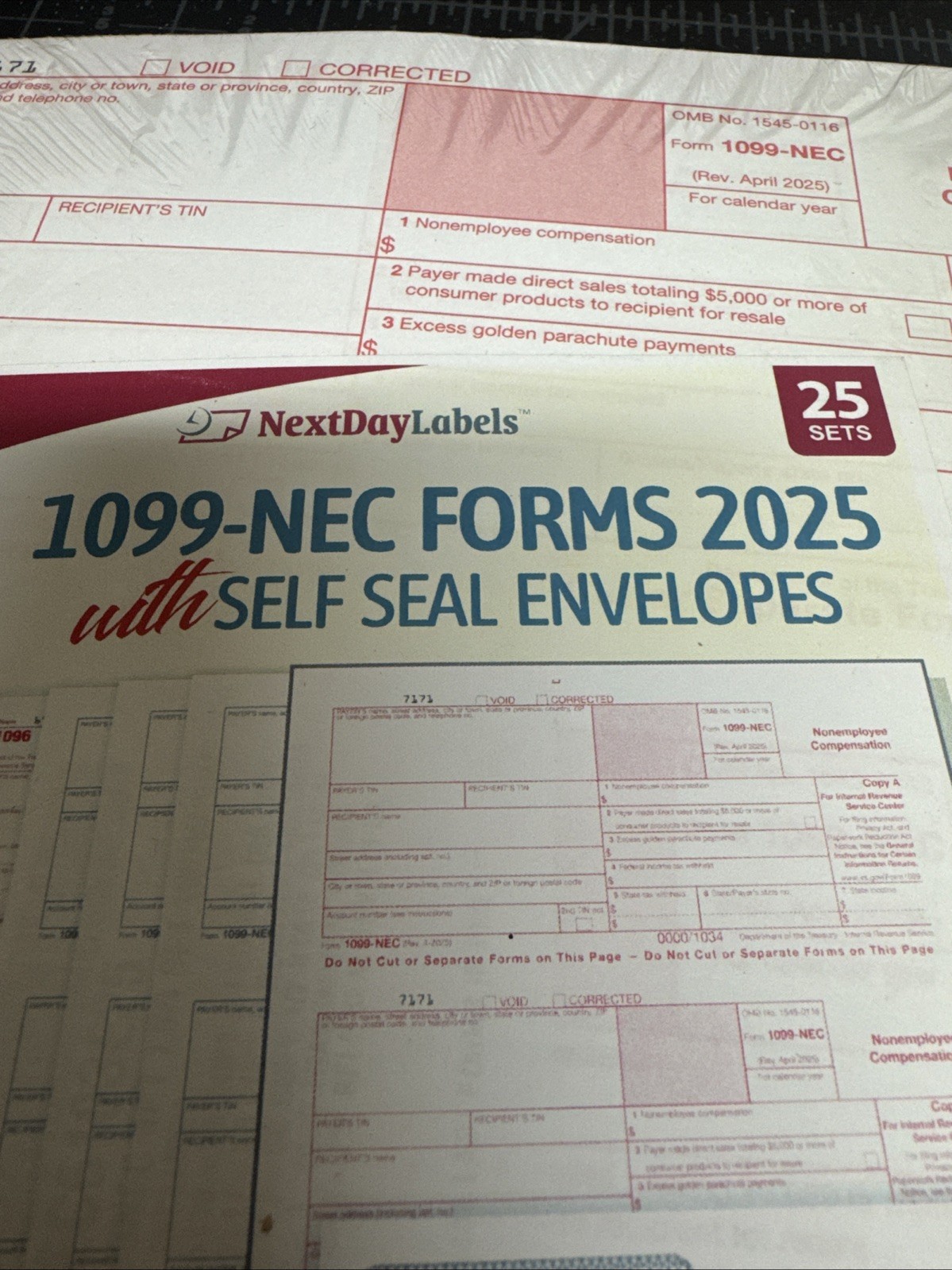 Next Day Labels 1099 NEC Forms 2025 With Self Seal Envelopes 25 Sets Unopened