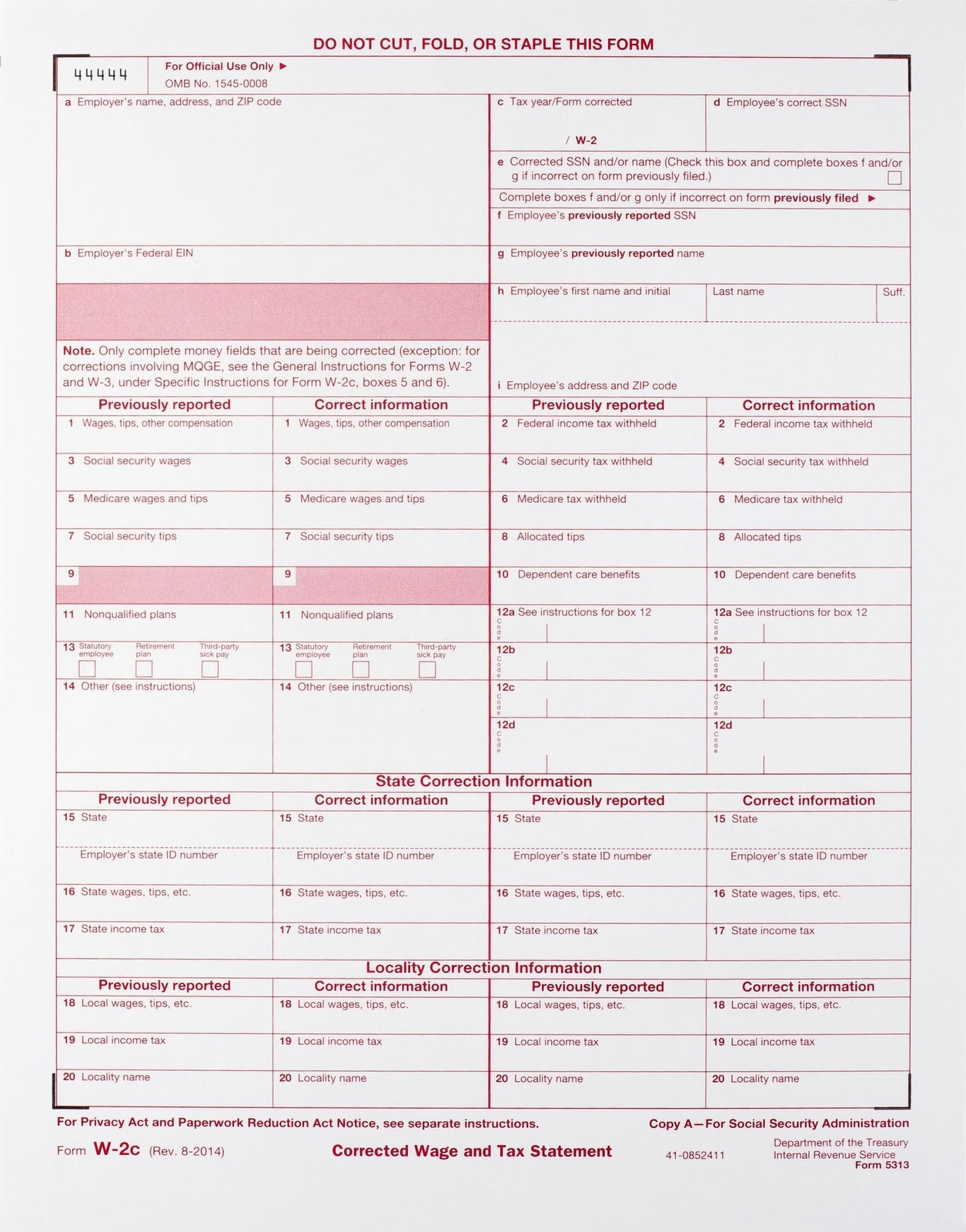 W-2C Wage Corrected & Tax Statement, SSA Copy A, Laser Tax Forms – Pack of 25…