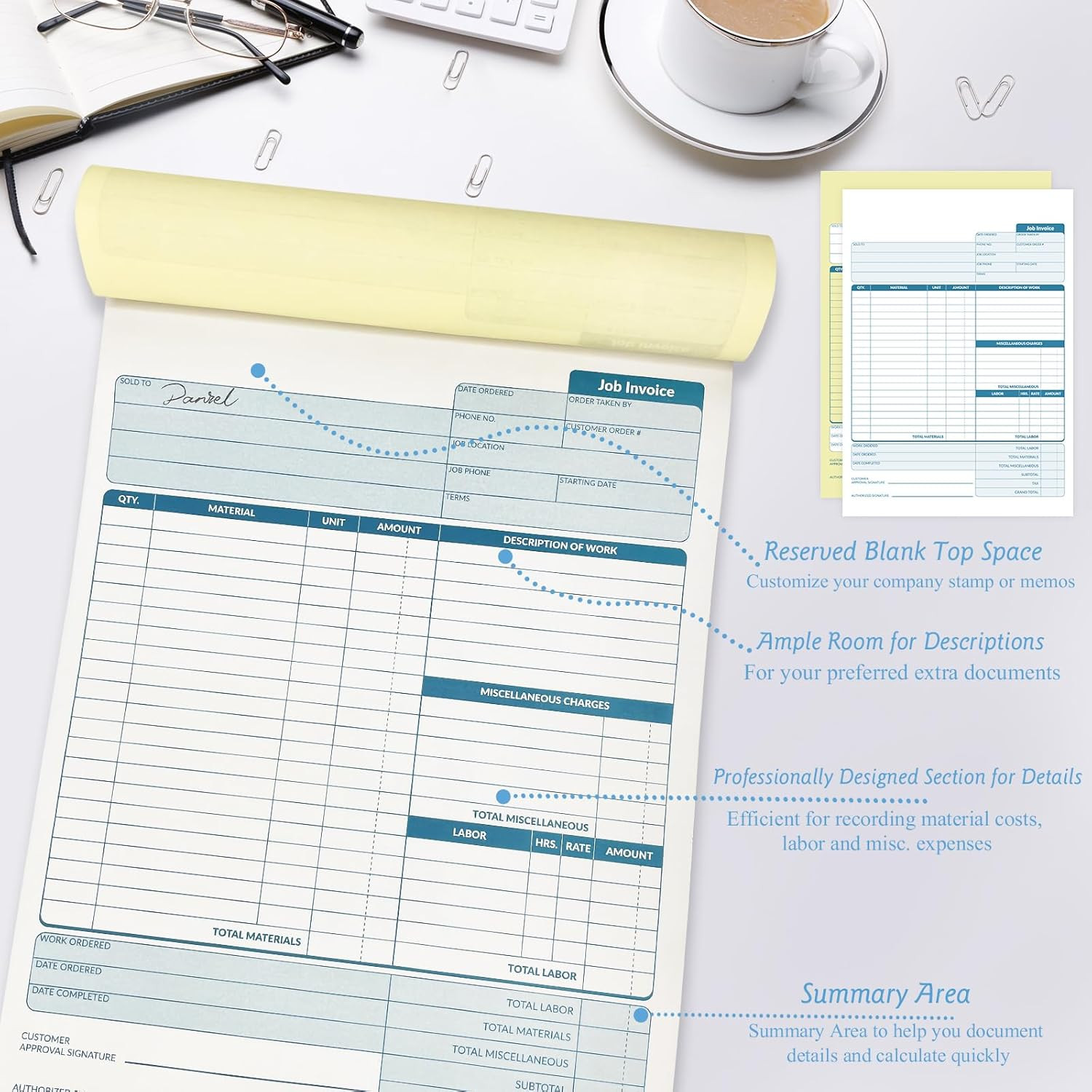 Large Job Work Order Forms, Job Invoice Forms/Receipt Book with Carbonless Copie