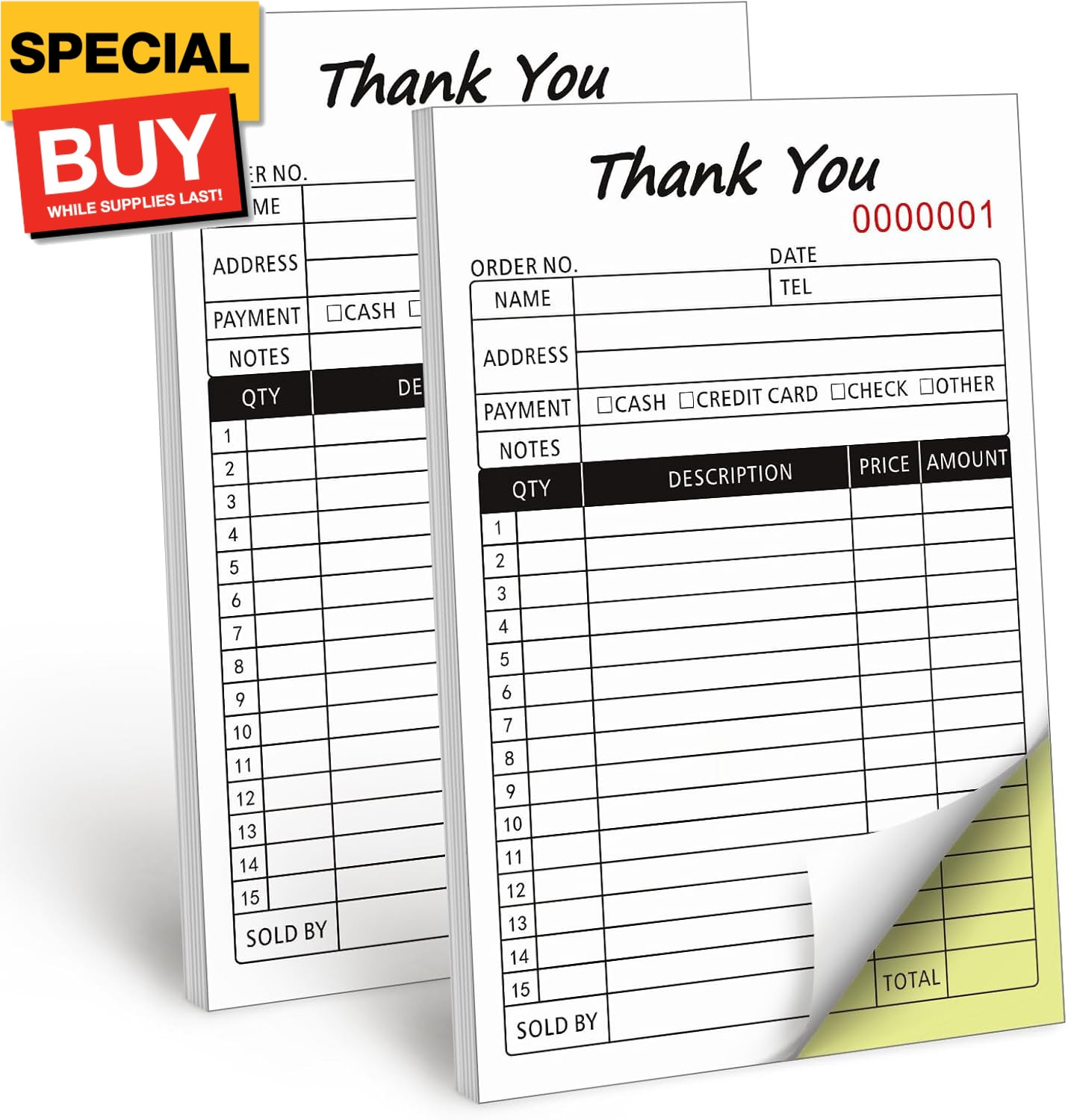 Receipt Book with Cardboard 2-Part Carbonless, Order Forms for Small Business
