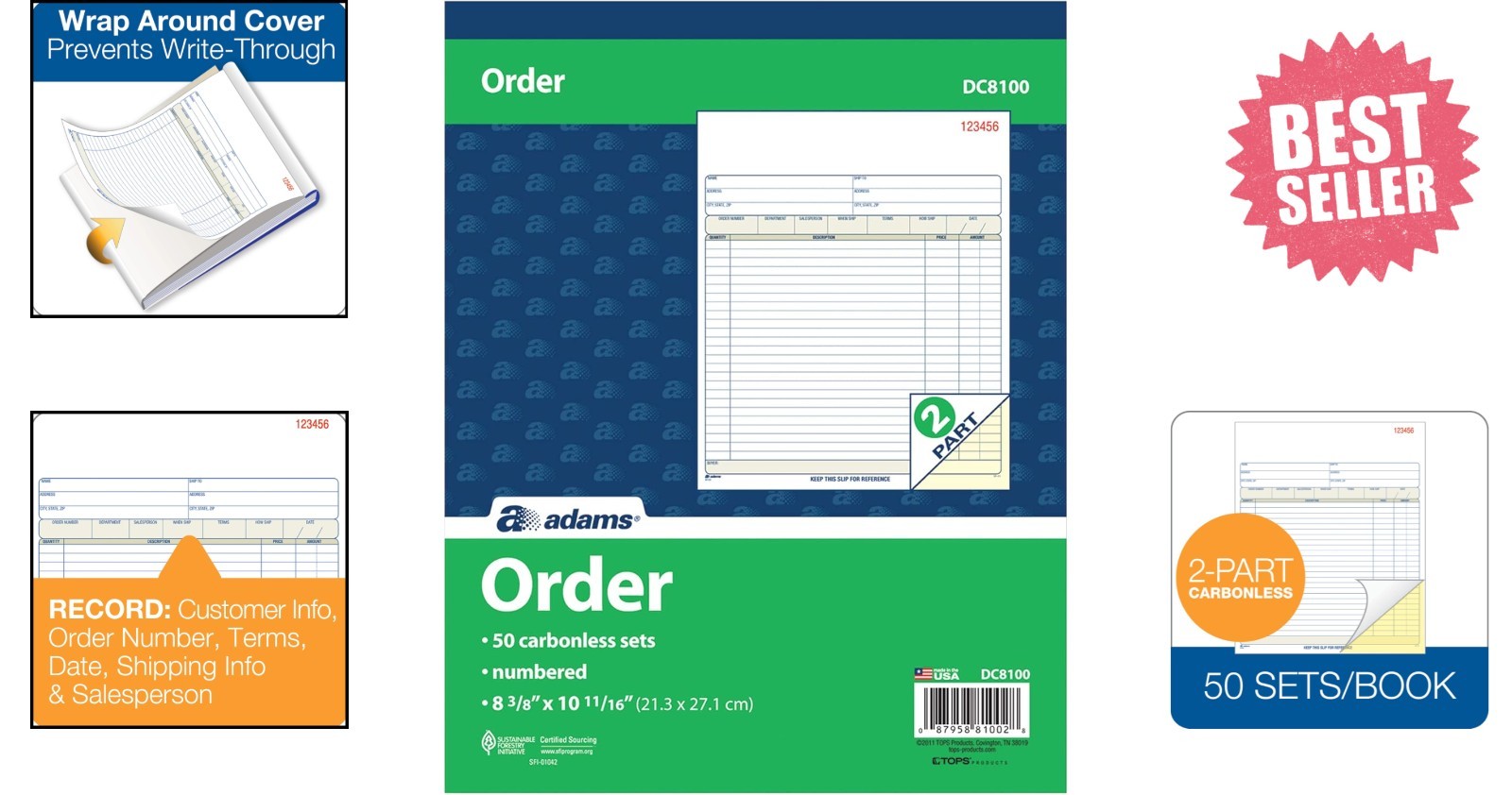 Order Book, 2-Part, Carbonless, White/Canary, 8-3/8 x 10-11/16 Inches, 50 Set…