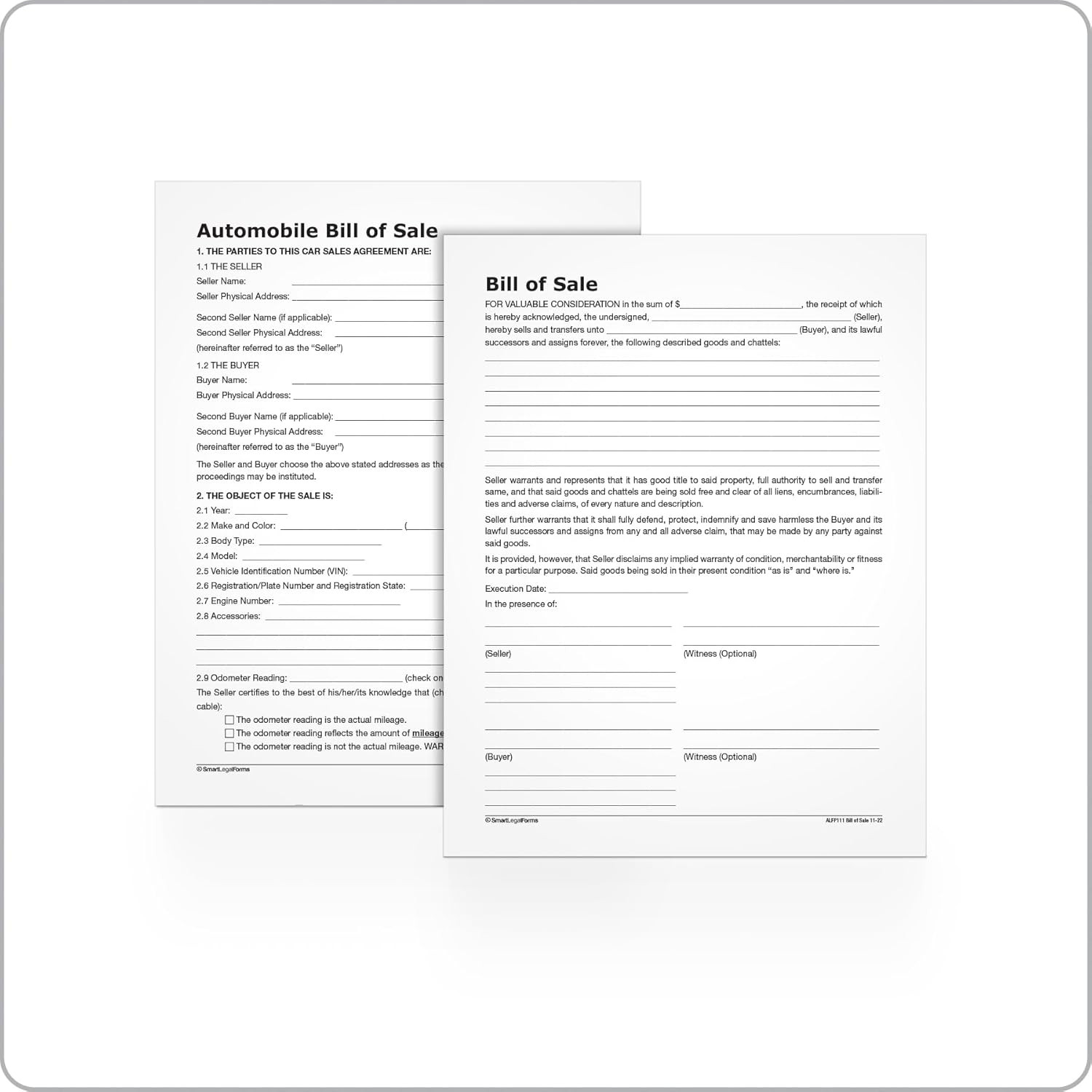 Bill of Sale Forms Pack, Includes 2 Motor Vehicle and 2 General Bills of Sale, 8