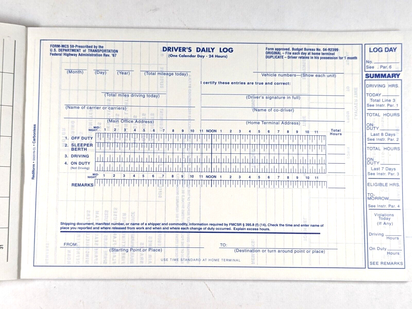 Rediform Carbonless 2-part Driver’s Daily Log Book – 2 Part -S5031N-CL