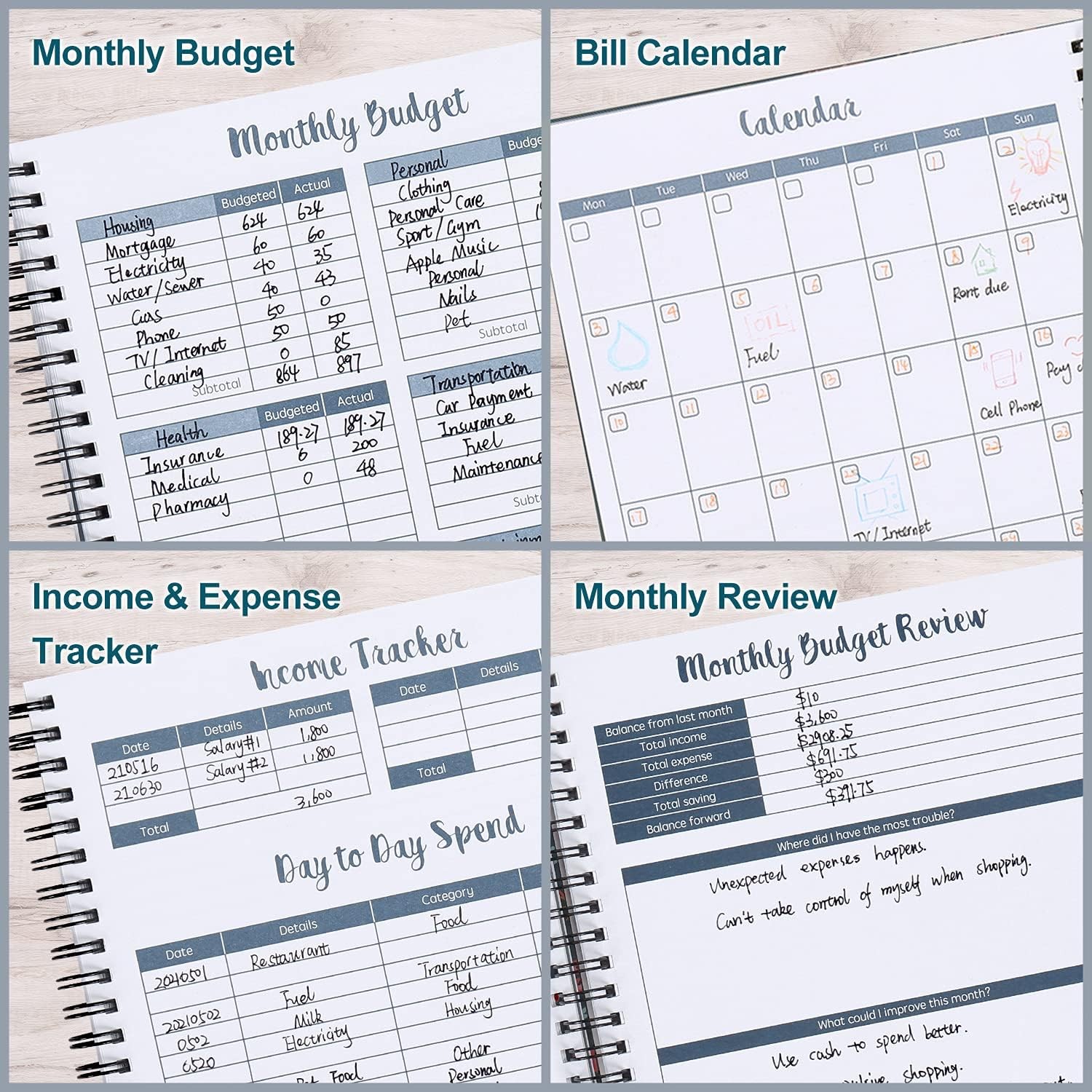 Expense Tracker Notebook 2025 2026, 12 Pockets, Budget Organizer, Spiral, Blue