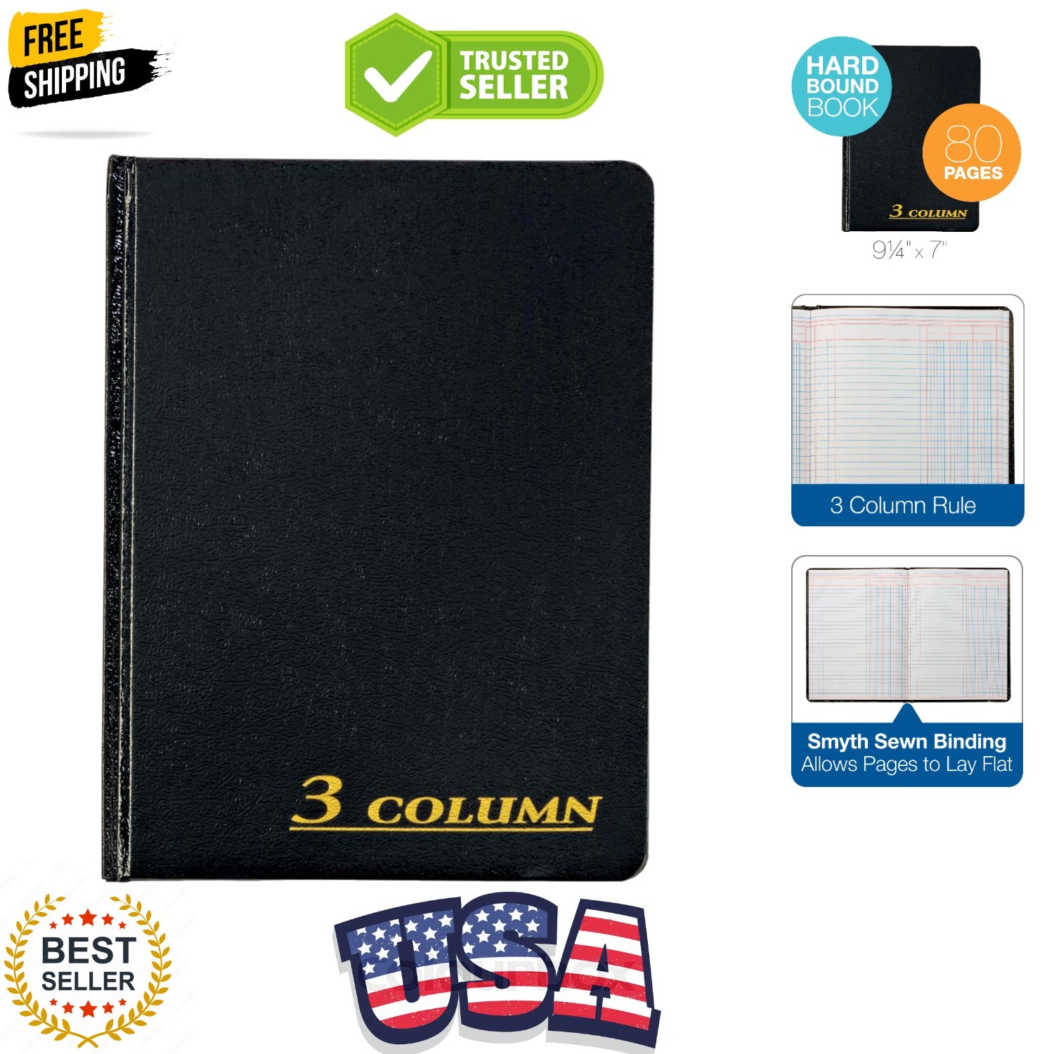 Account Book, 7 x 9.25 Inches, Black, 3-Columns, 80 Pages