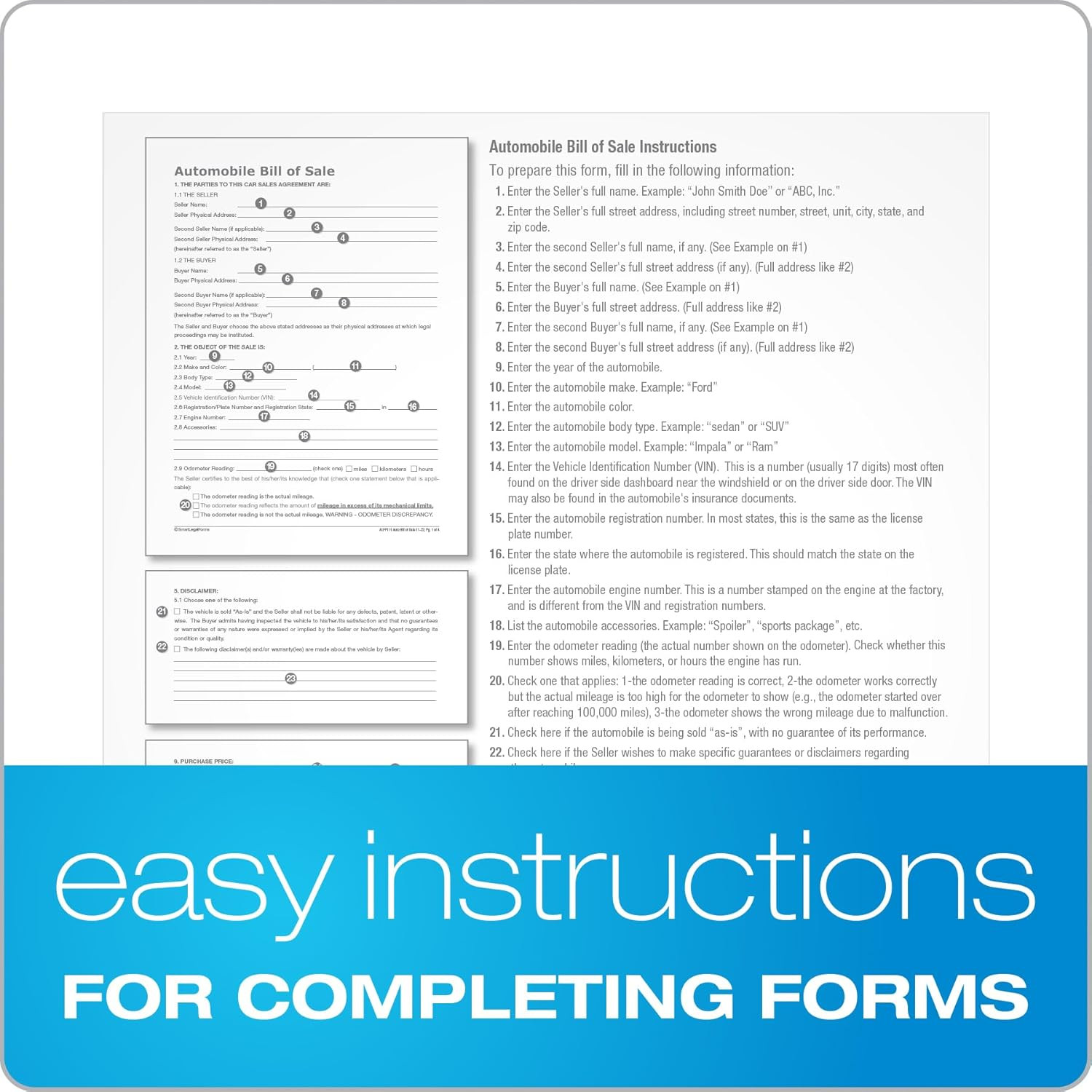 Bill of Sale Forms Pack, Includes 2 Motor Vehicle and 2 General Bills of Sale, 8