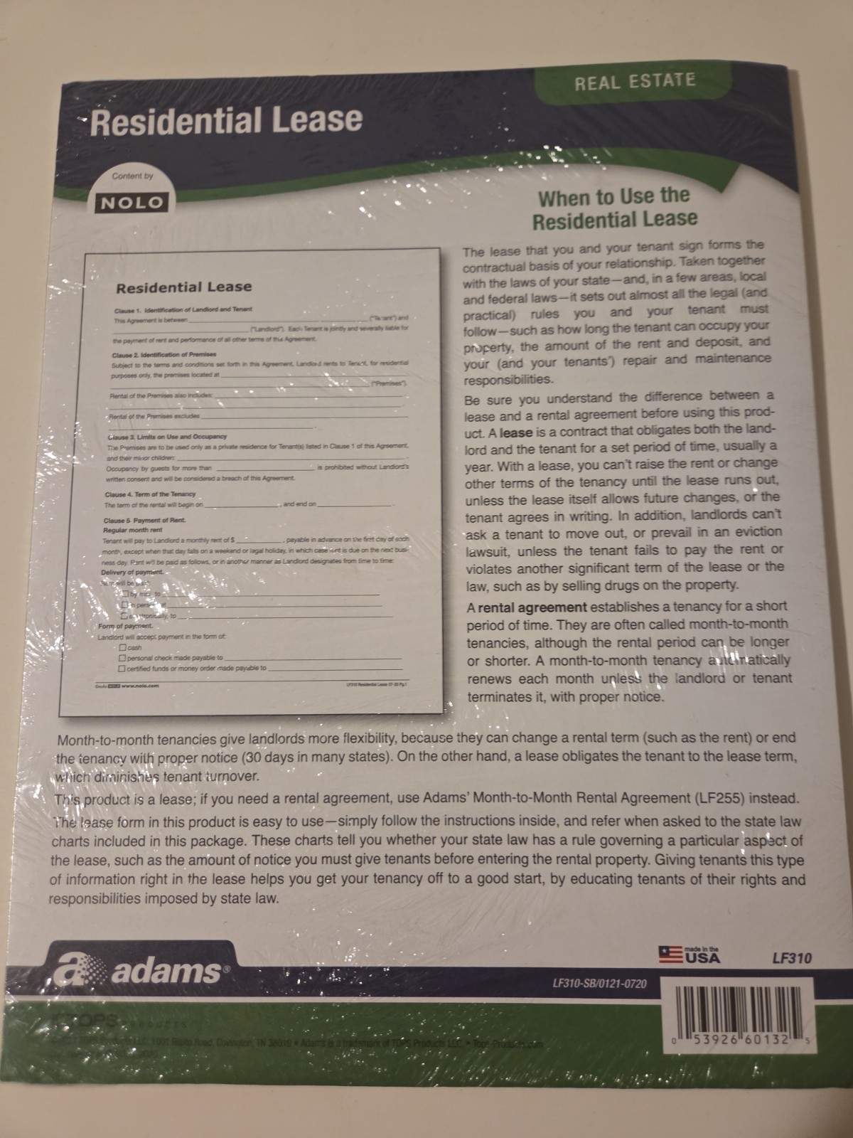 Residential Lease Real Estate Form LF310 NOLO Adams Brand