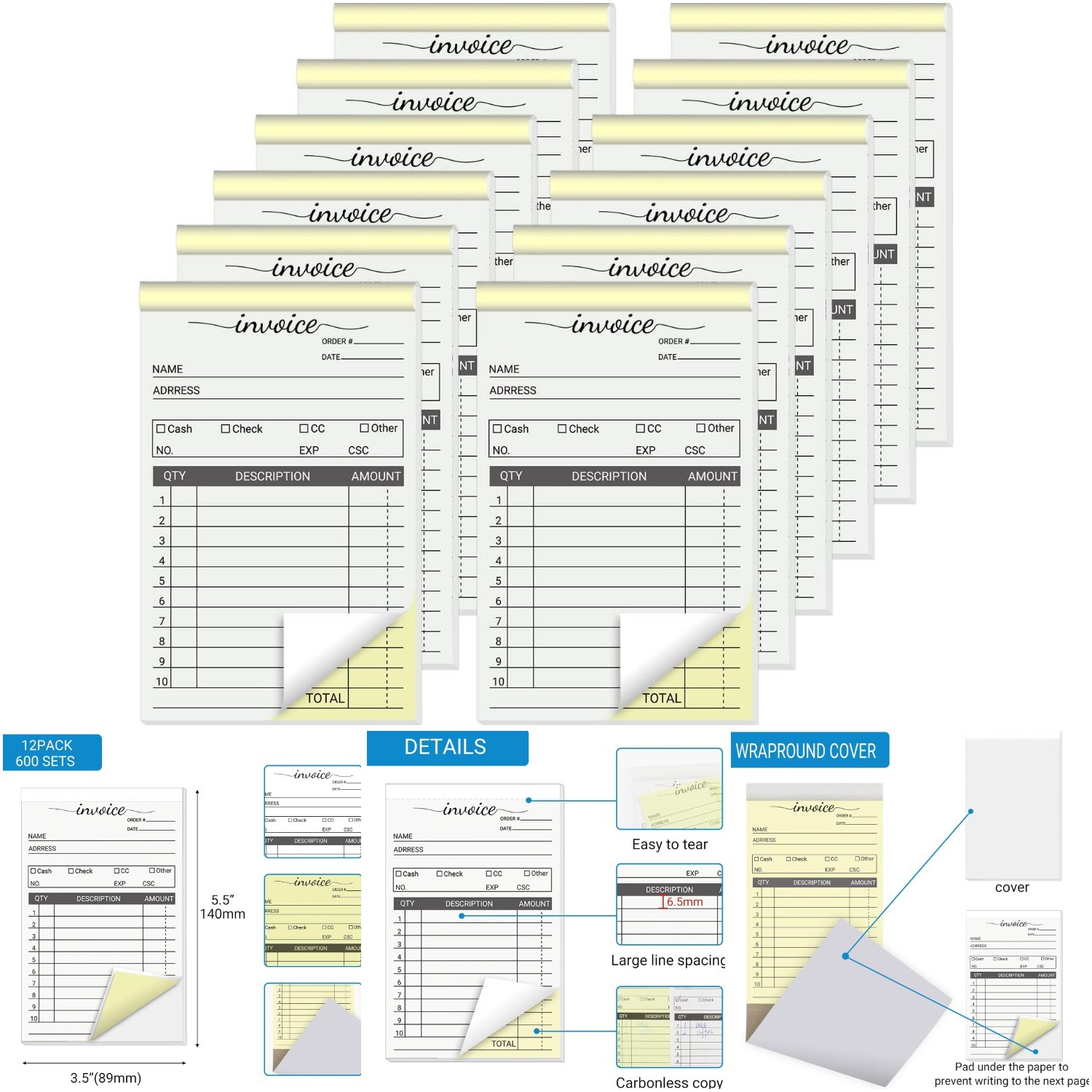 12 Pack 3.5 x 5.5 Inch Carbonless Receipt Books Small Business Invoice Pads 50